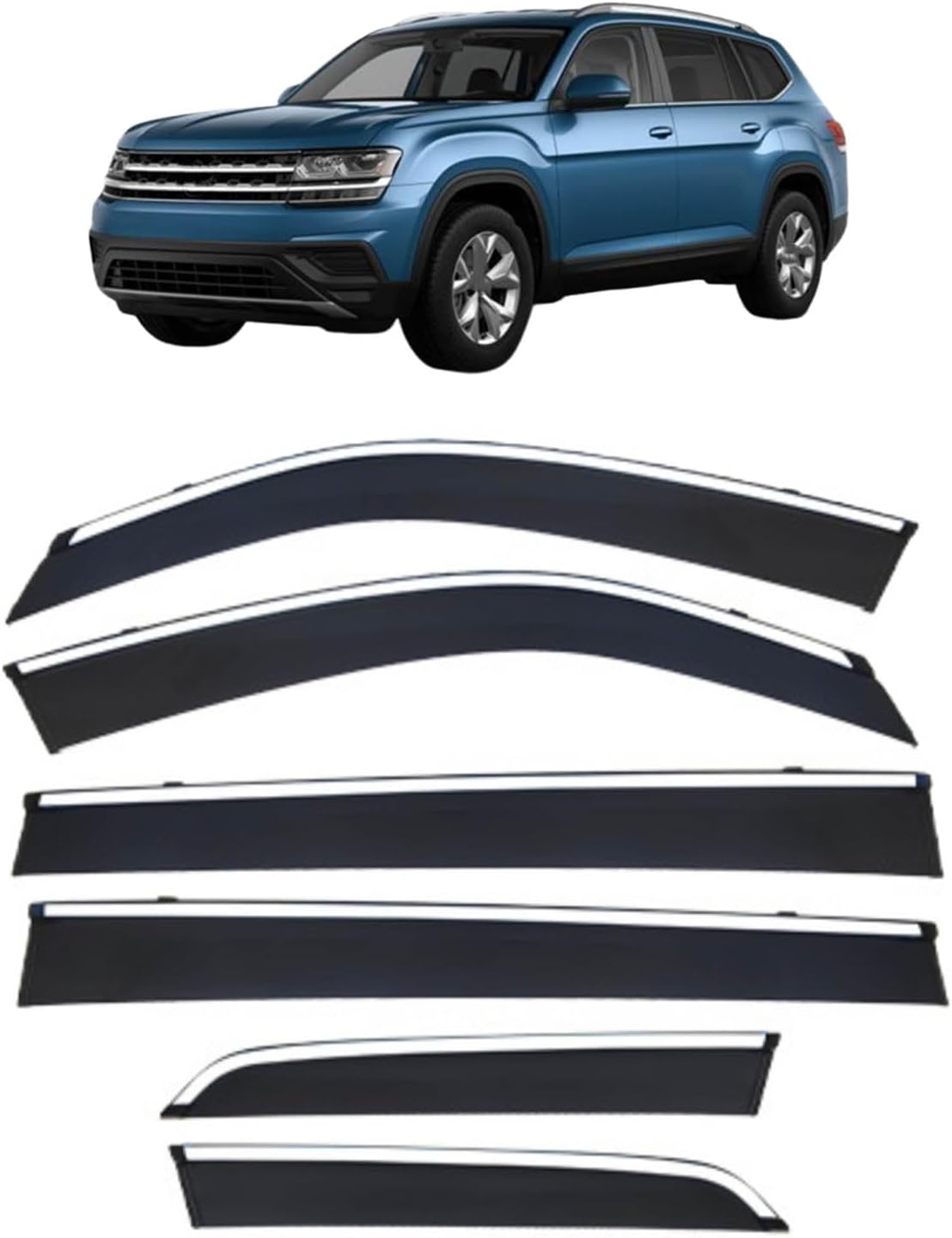 Window Deflectors for VW Atlas MK1-CA1 2017-2024, Sun Rain Guard Window Visors Vent Shades with Bright Stripes Car Accessories,6PCS