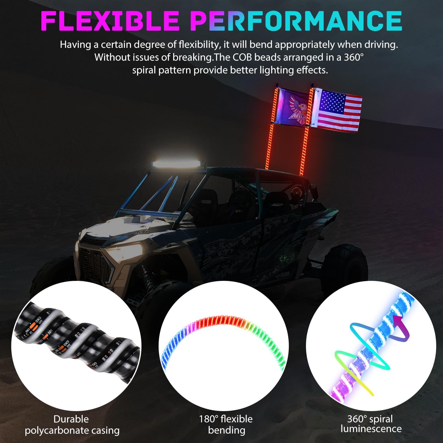 Nilight LED Whip Light 2 PCS 3FT COB RGB Lighted Antenna Whips with Spring Base Remote & App Control DIY Patterns Turn Brake Reverse Lights for Can-am Offroad ATV UTV RZR Polaris Dune Buggy Truck
