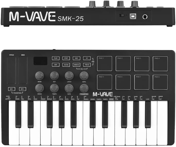25-Key MIDI Controller Keyboard Mini USB with 8 RGB Backlit Pads, Compact MIDI Pad Sequencer & USB Music Arranger for Studio Recording & Live Performance