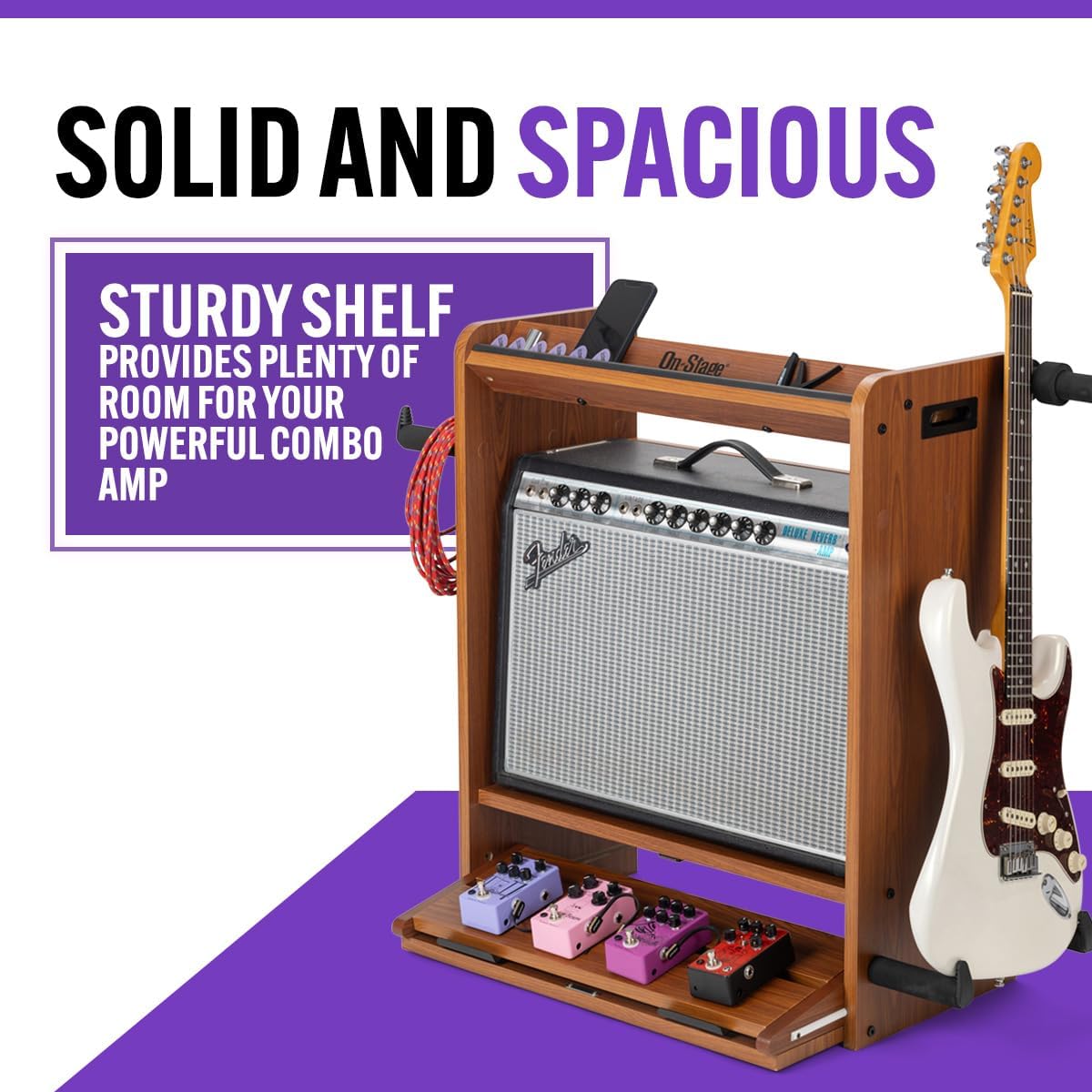 On-Stage GWS5000RB Guitar Workstation (Amp Stand, Electric Guitar or Bass Stand, Cable and Strap Hanger, Pedalboard, Accessory Tray for Picks, Capos, and Tuners, Gear Shelving, Organizer, Rosewood)