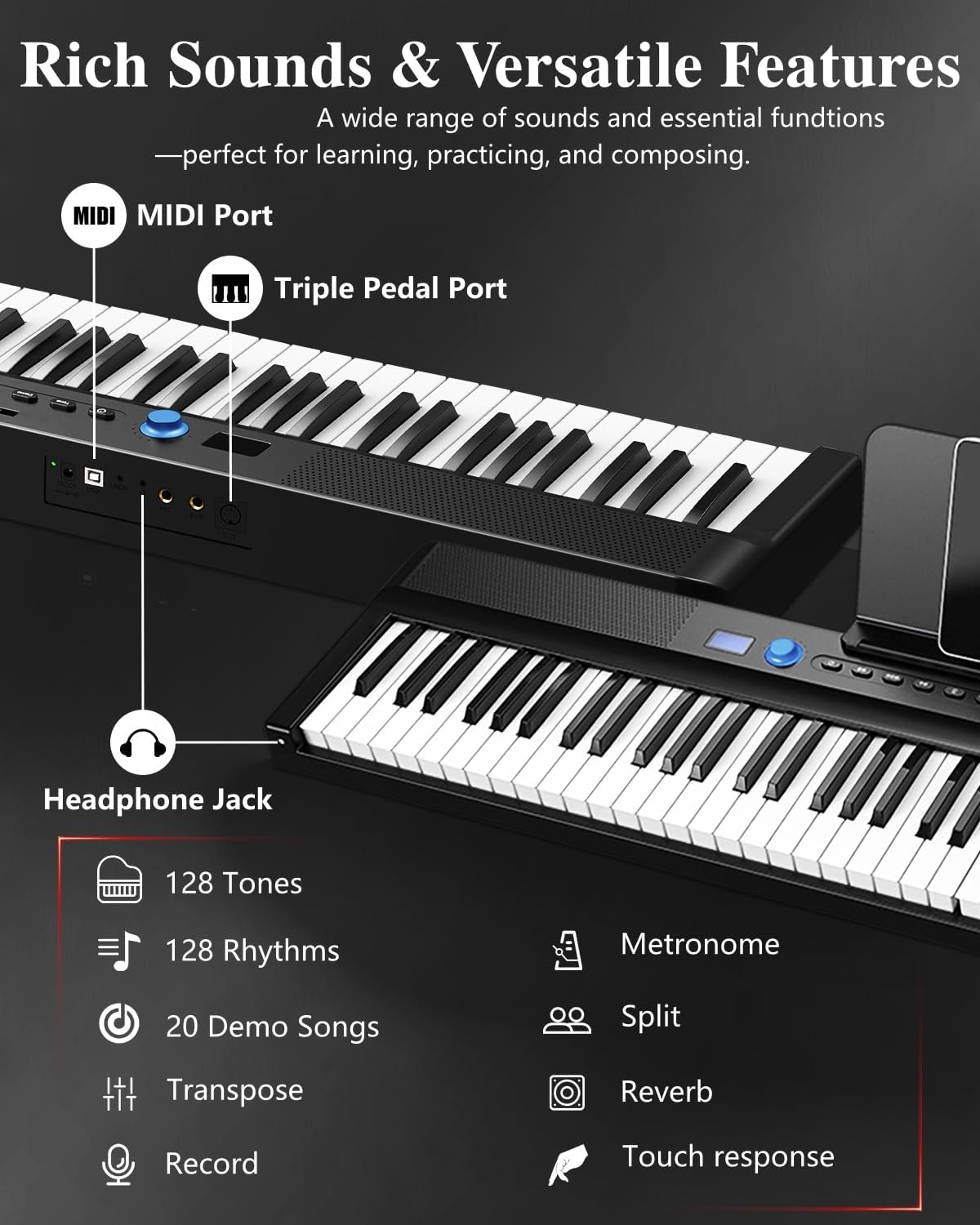 Longeye Folding Piano Keyboard 88 Key Portable Digital Piano Ultra Sound Semi-Weighted Electric Keyboard for Beginners & Professionals with Headphones, Stickers & Carrying Case Fold Pro 2+
