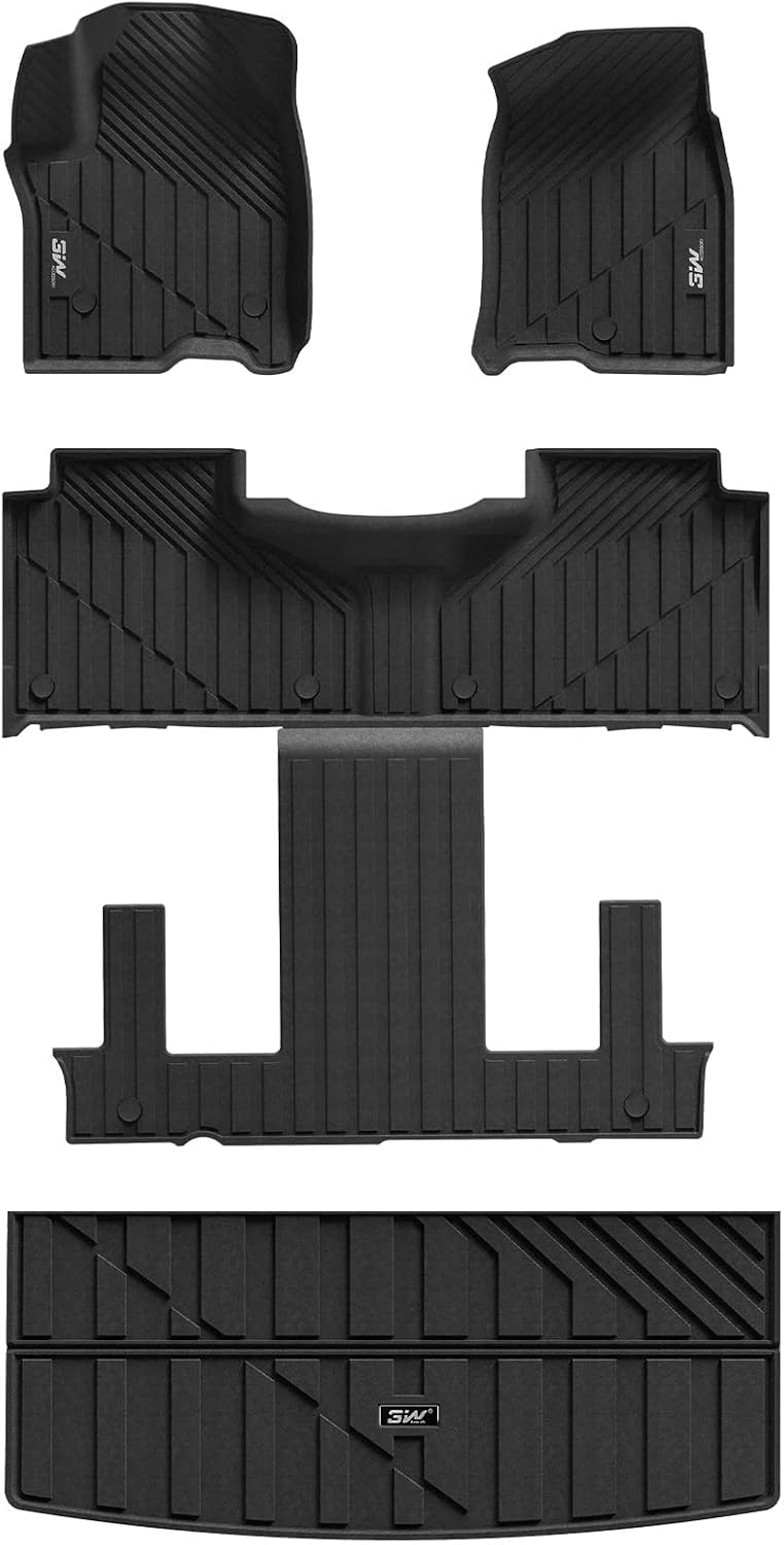 3W Floor Mats & Cargo Liner Fit for 2021 2022 2023 2024 2025 2026 Chevy Tahoe/GMC Yukon/Cadillac Escalade 7 Seat, TPE All Weather Custom Fit Car Accessories Heavy Duty Rubber Full Set Trunk Mats