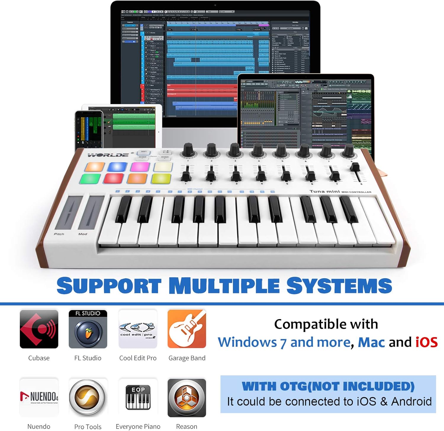 Midi Controller, lotmusic Worlde TUNA PANDA MINI 25 Keys Portable USB Midi Keyboard with 8 RGB Backlit Colorful Drum Beat