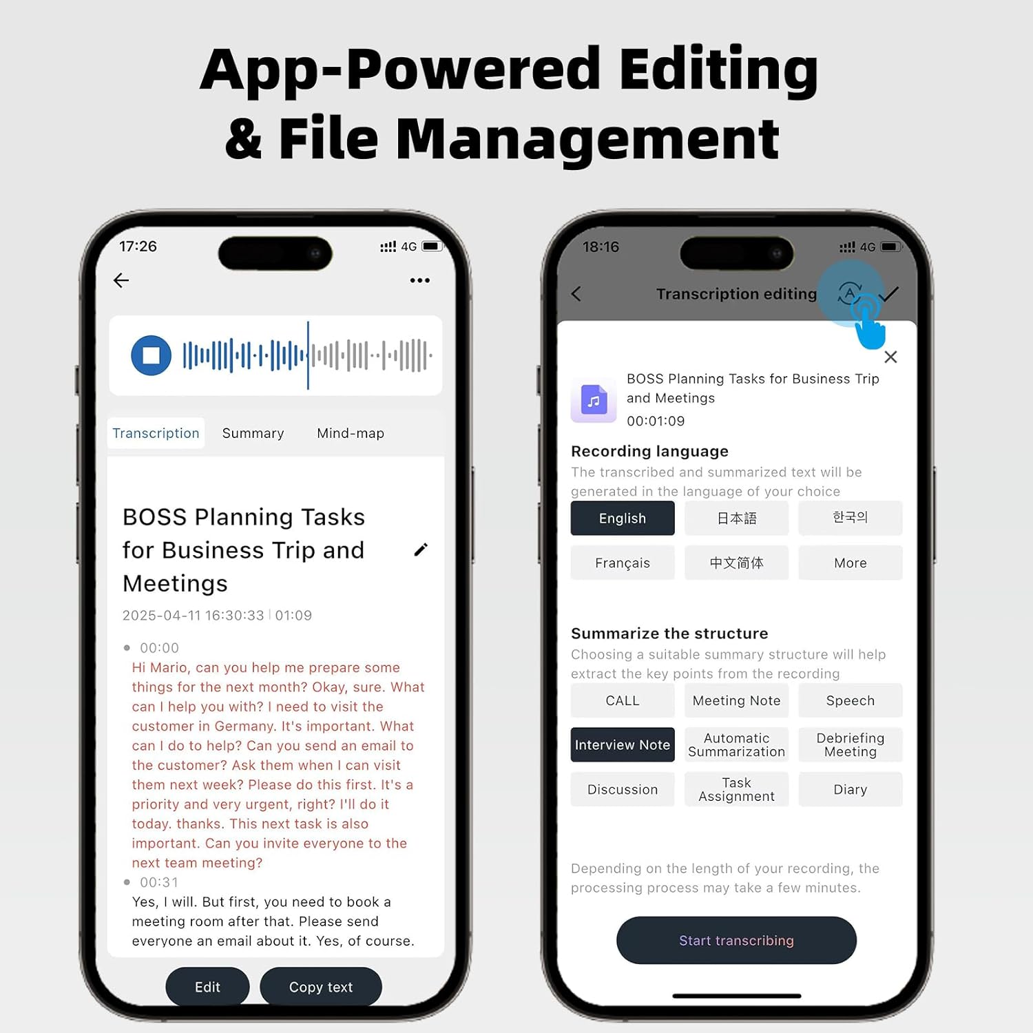 AI Voice Recorder with HD LED Screen,GPT-4.0 Powered Transcription & Translation Recording Device,Audio Recorder with App-Powered Editing & File Management,400 Free Minutes of AI Transcription/Month