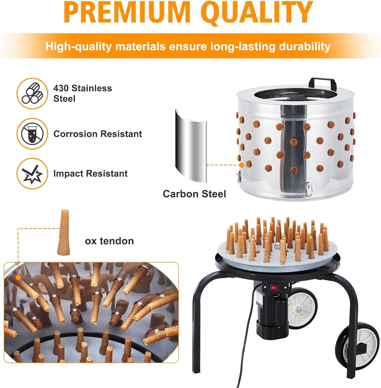 Chicken Plucker Machine, 20-Inch Stainless Steel Drum Poultry Feather with 106 Soft Rubber Plucking Fingers,550w Poultry Plucker with Wheels for Farms, Restaurants, Home