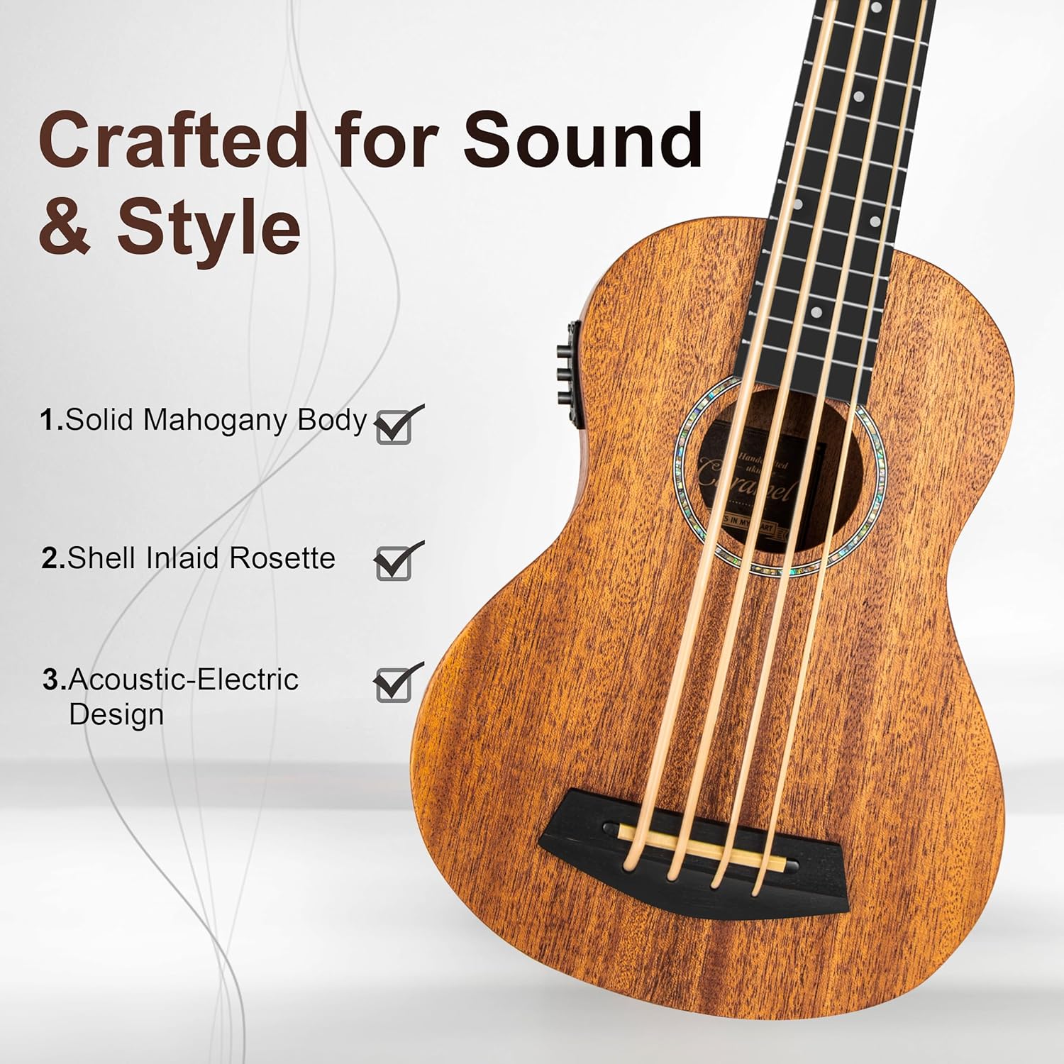 Caramel CUB402 Electric 30inch All Solid Wood Mahogany Ukulele Bass - Tuned as E-A-D-G