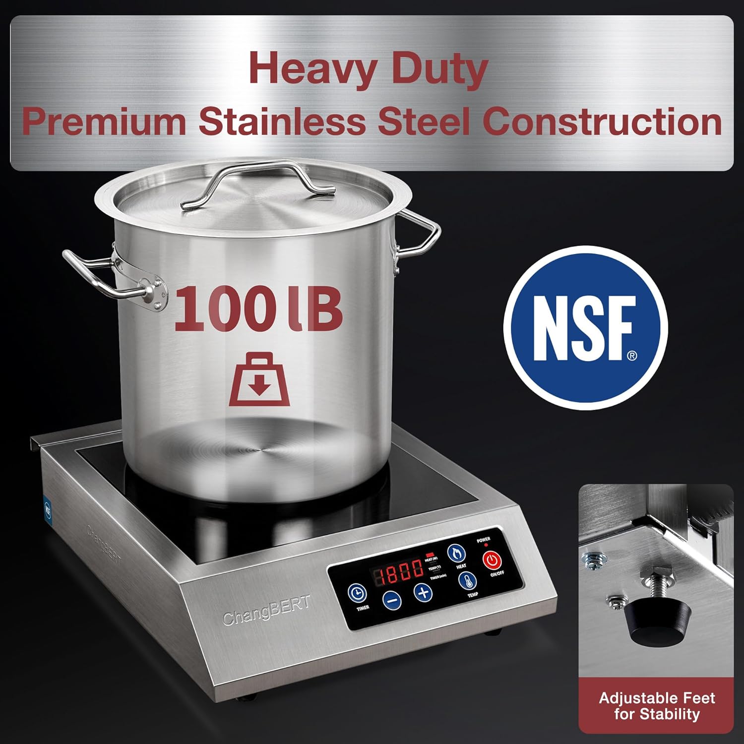 ChangBERT Portable Induction Cooktop 1800W NSF Certified Commercial Range Powerful Countertop Burner Pro Chef Professional Hot Plate Premium Stainless Steel Housing Schott Glass 10 Hours Timer