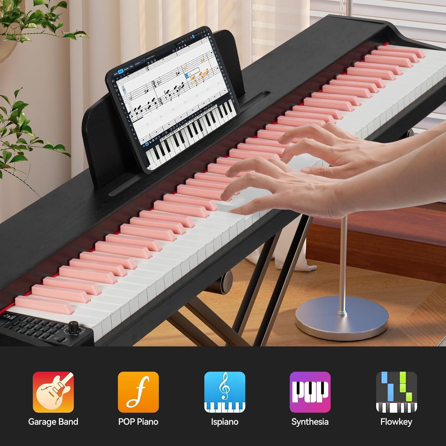 ZHRUNS 88 Key Weighted Keyboard Piano with X-Shape Stand, Sustain Pedal, Power Adapter & Sheet Music Stand - Home Digital Piano, Black Pink