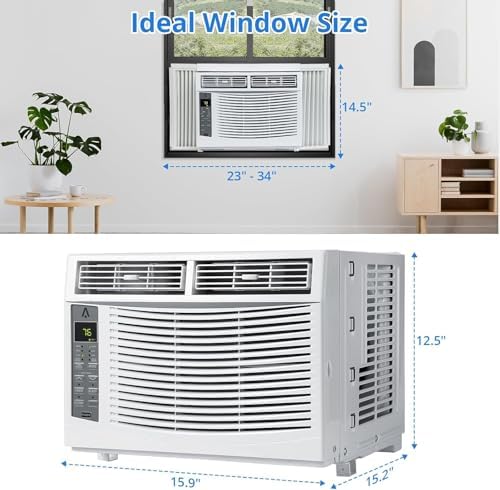 6000 BTU Window-Mounted Air Conditioner, Cools Up to 250 Sq. Ft., Quiet Operation, with Remote Effortless Temperature Control 2 Fan Speeds, Auto Restart,