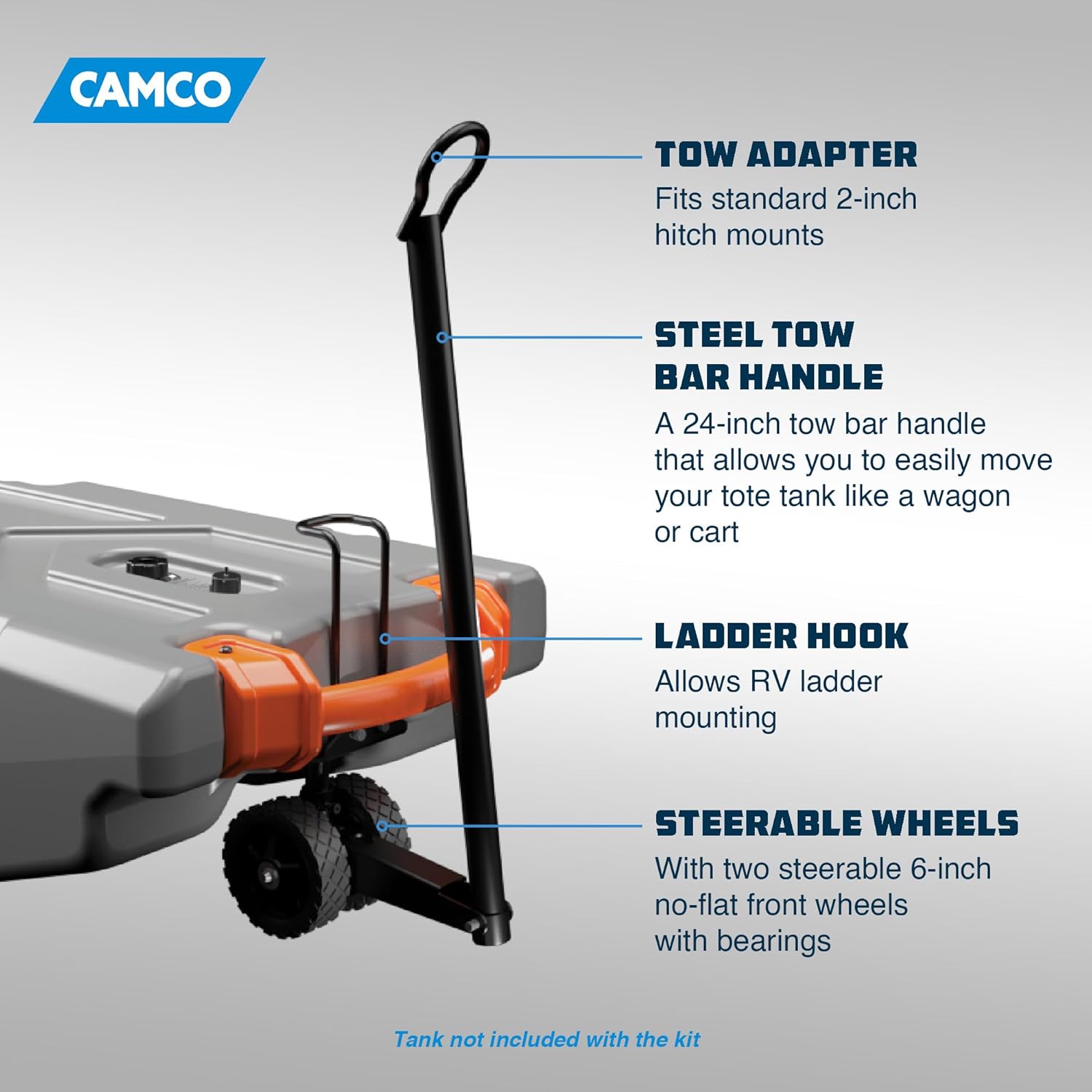 Camco Rhino Steerable Wheel Kit for 28 & 36-Gallon Rhino RV Tote Tanks - Features No-Flat Front Steerable Wheels, 24