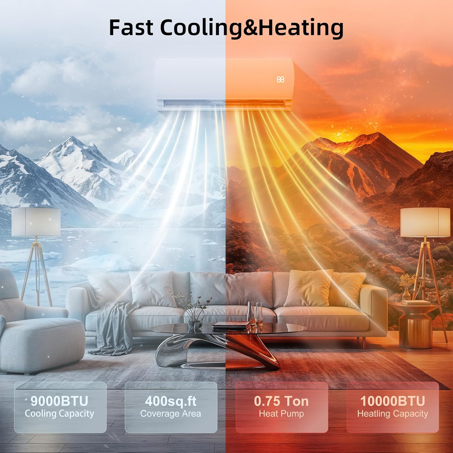 MEPTY 9000BTU Mini Split AC/Heating System, 19 SEER2 Energy Efficient Mini Split Air Conditioner, Ductless Inverter AC Unit with Pre-Charged Condenser, Cools Up to 450sq.ft, Compatible 110V/120V