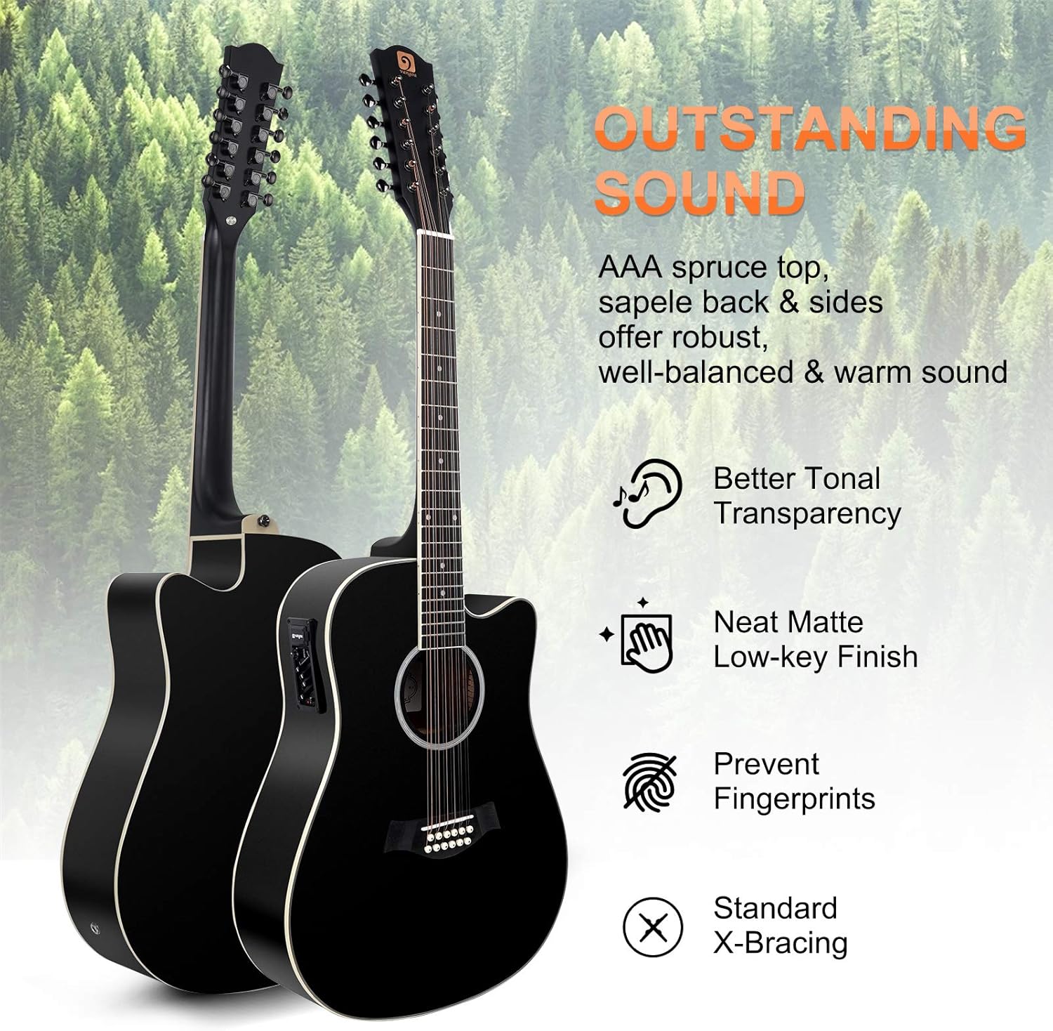 Vangoa 12 String Guitar, Twelve String Guitar Acoustic Electric Cutaway Guitarr Bundle, Black and Brown