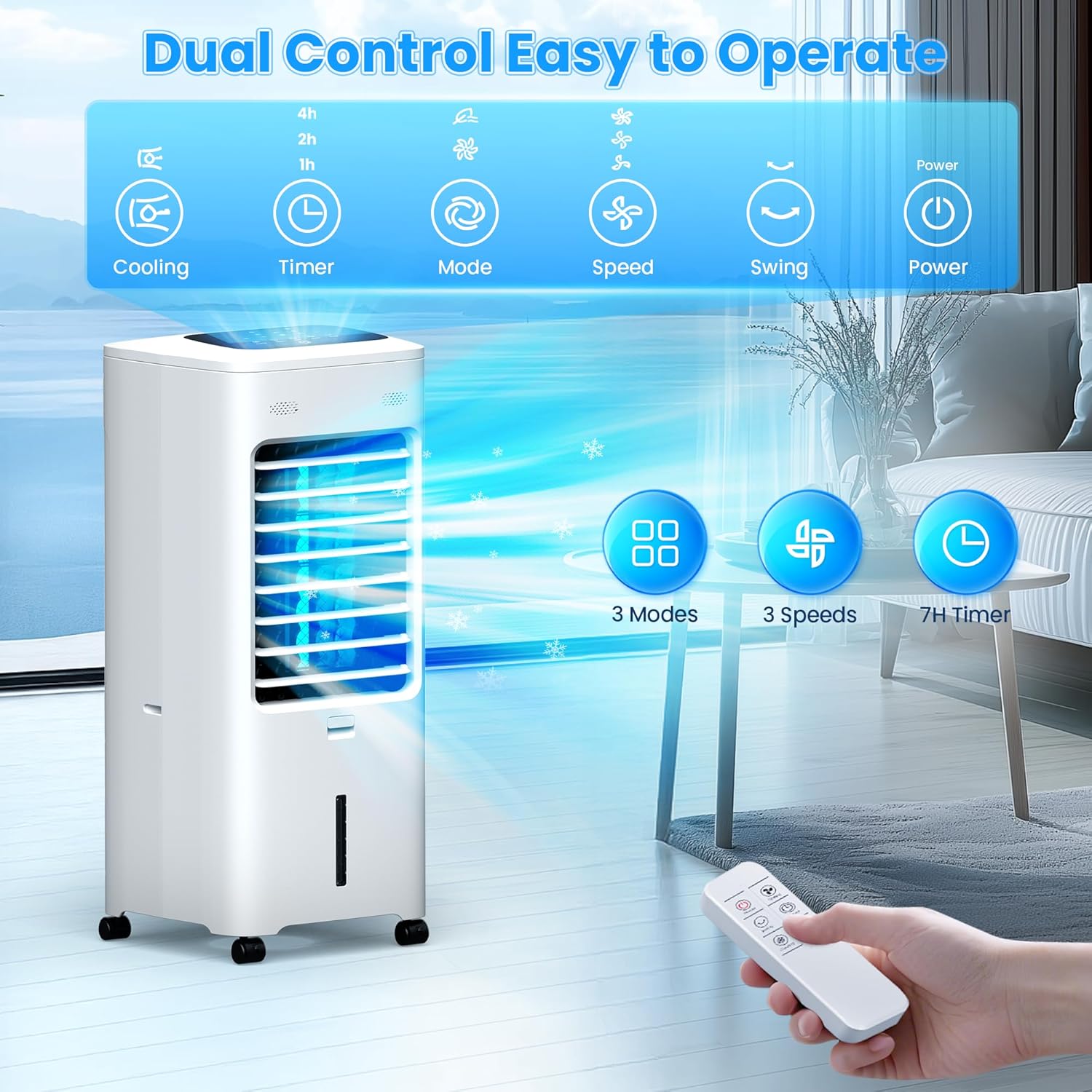 Windowless Air Conditioner Portable, Swamp Cooler Air Conditioner with 2 Gal Water Tank, Ventless Evaporative Air Cooler, 3 Modes, 3 Speeds, Timer, Remote, Swing, Suitable for Home Indoor Bedroom
