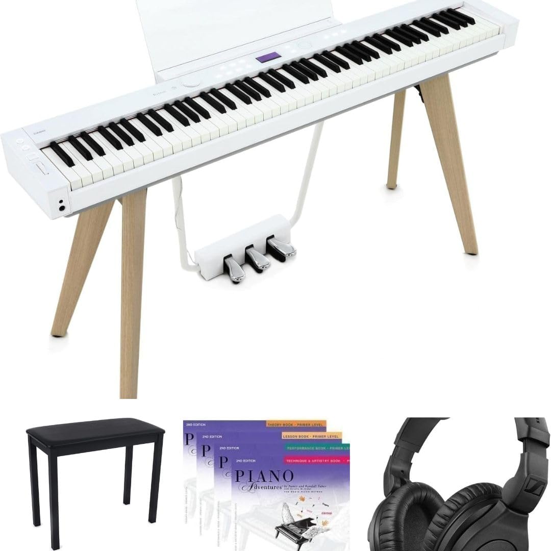 Casio Privia PX-S7000 Piano - White with Stand and 3 Pedals, Deluxe Piano Bench, Faber Piano Adventures Primer Level Learning Library Pack, and HD 280 Pro Headphones (White)