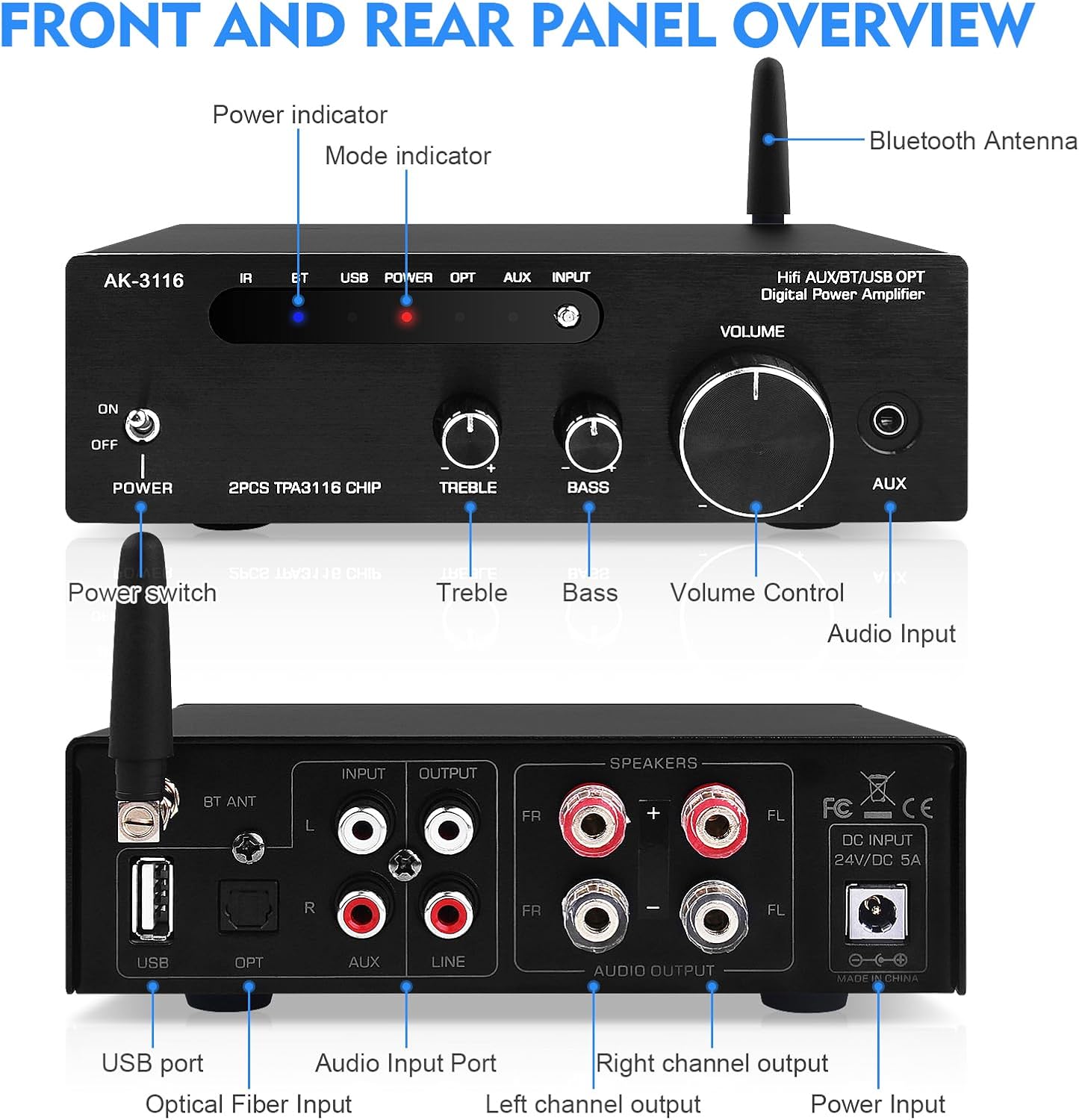 Amplifier Home Audio,Stereo Receiver Bluetooth 5.0 Power amp 100W x2 Wireless HiFi Stereo Class D Digital 2 Channel Integrated with Bass Treble Control for Passive Speakers