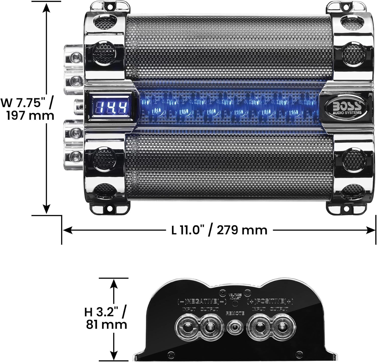 BOSS Audio Systems Cap18 - 18 Farad Car Capacitor For Energy Storage To Enhance Bass Demand From Audio System, Audible Warning Tone For Reverse Polarity, Voltage Overload Low Battery Voltage Led