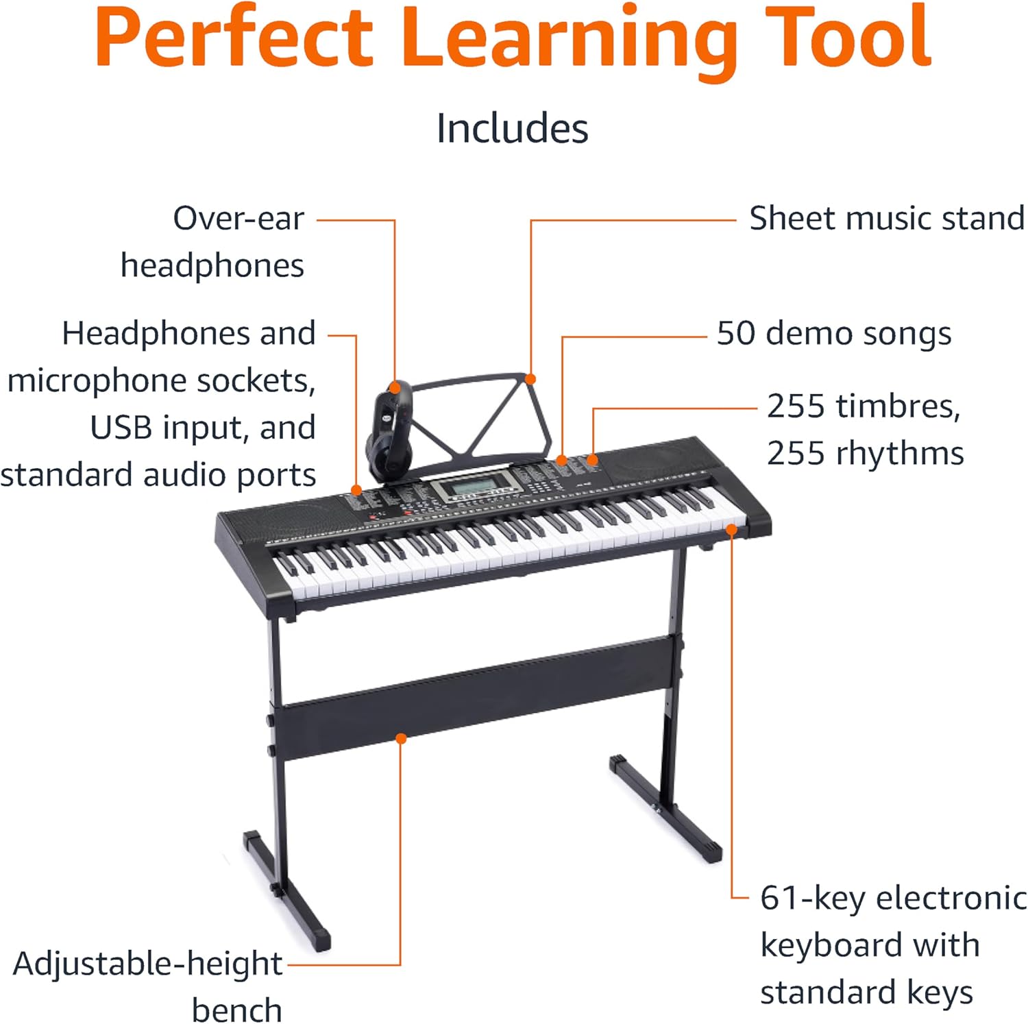 Amazon Basics Electric Keyboard Piano with 61 Keys, Built-in Speakers, Songs for Learning, Black