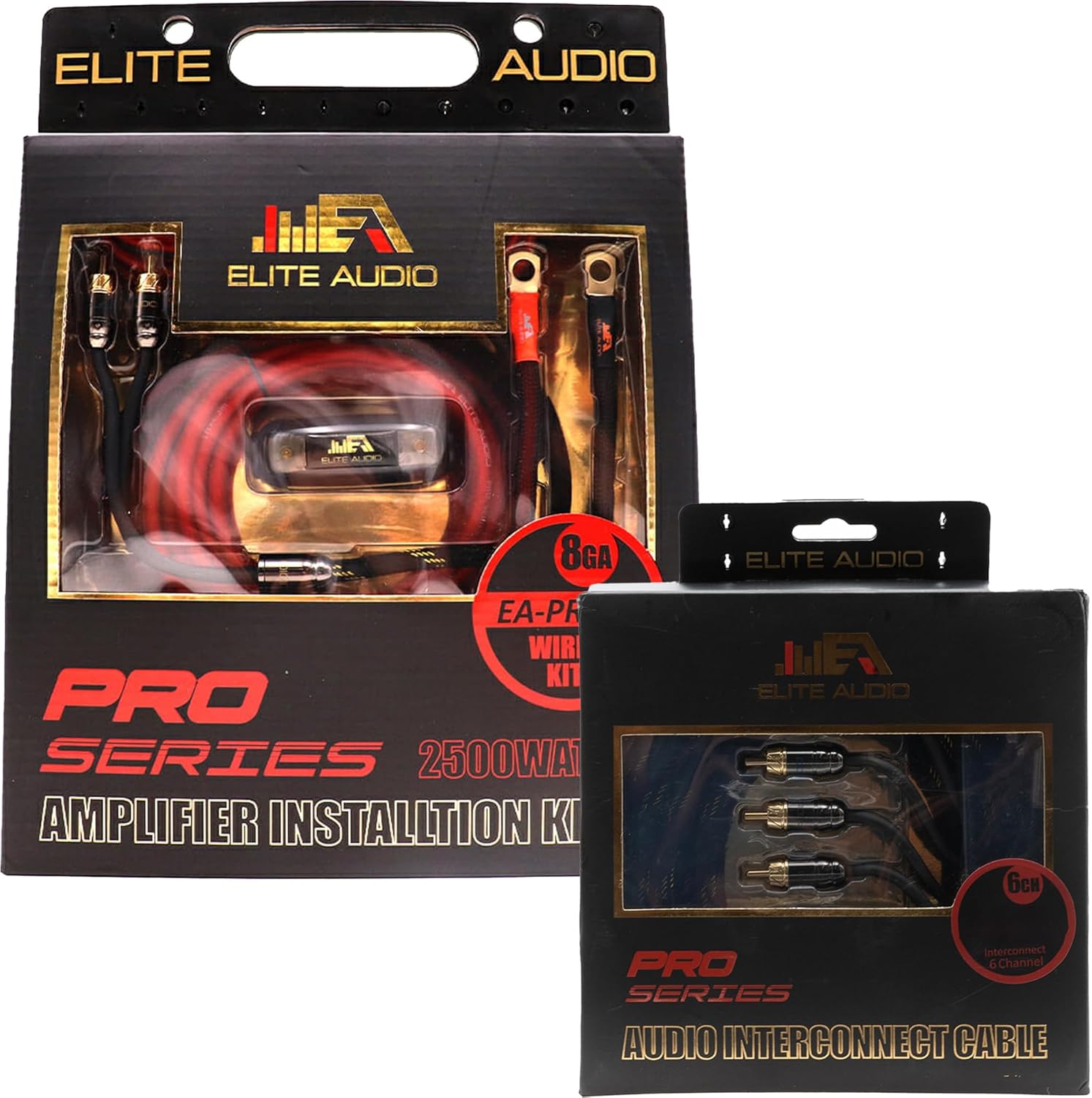 Elite Audio EA-PROK8 + EA-PRO617 Pro Series Amplifier Wiring Kit Bundle with 6-Channel RCA Combo - 1000W Max Power, 8GA, Cable, Dual RCA Sets, ANL Fuse and Holder