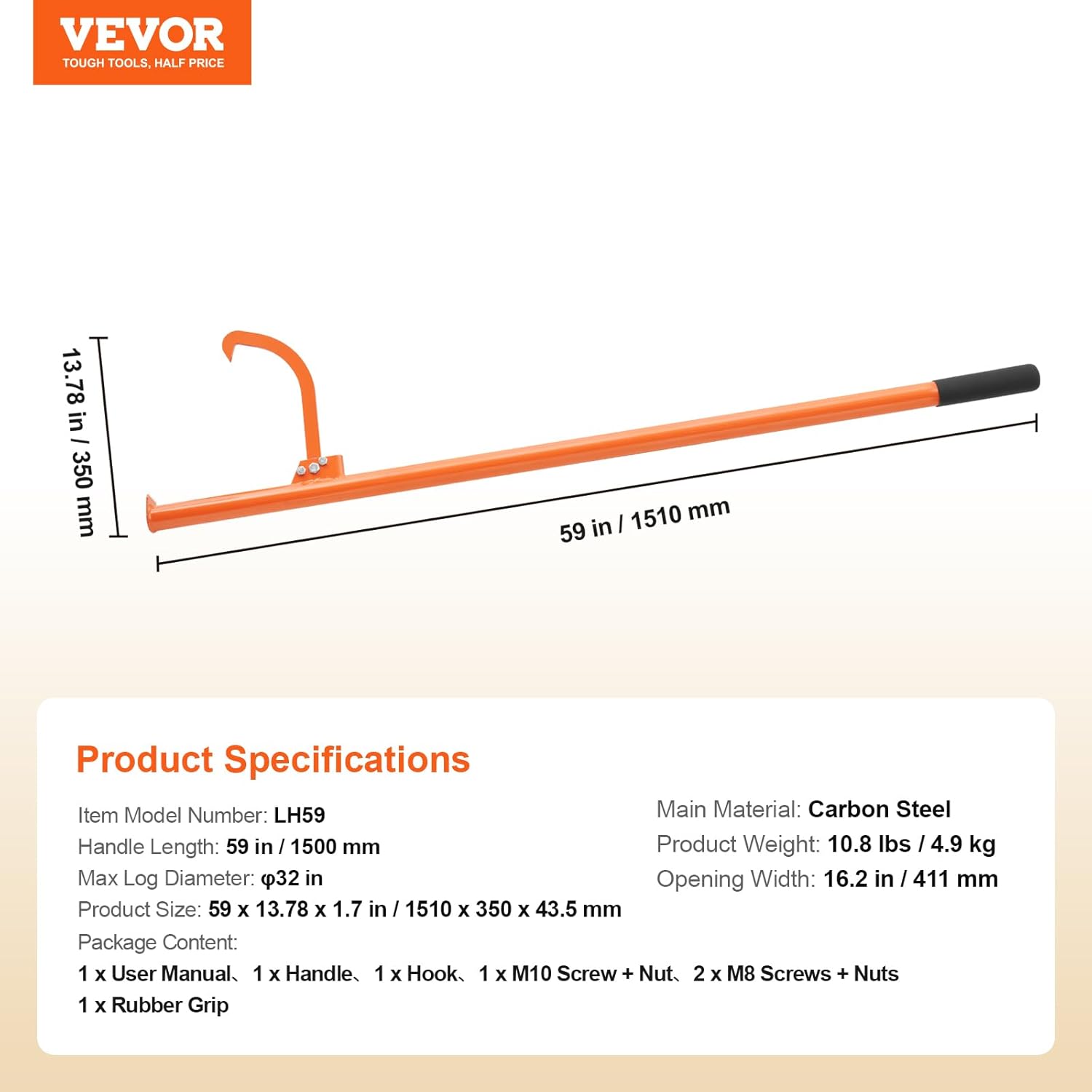 VEVOR 59'' Felled Cant Hook Logging Tool, Adjustable Heavy Duty Steel Log Roller, Log Lifter Timber Jack with Rubber Grip, Forestry Logging Tools for Lifting and Handling Logs up to 32