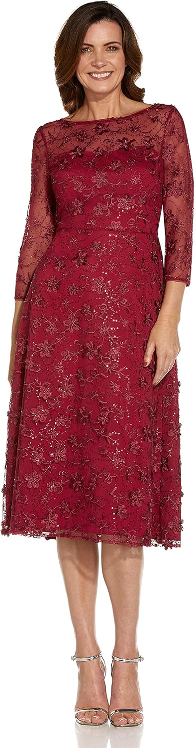 Adrianna Papell Womens Sequin Embroidery Flared Midi
