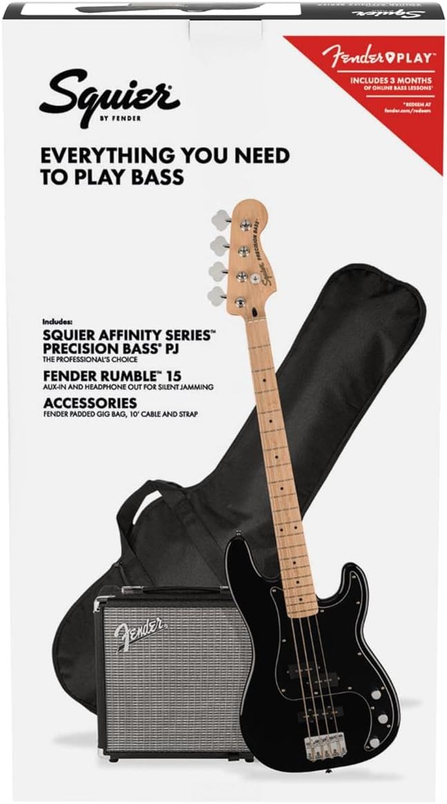 Squier Affinity Series Precision Bass Pack, Black, Maple Fingerboard, with Gig Bag and Rumble 15 Amp