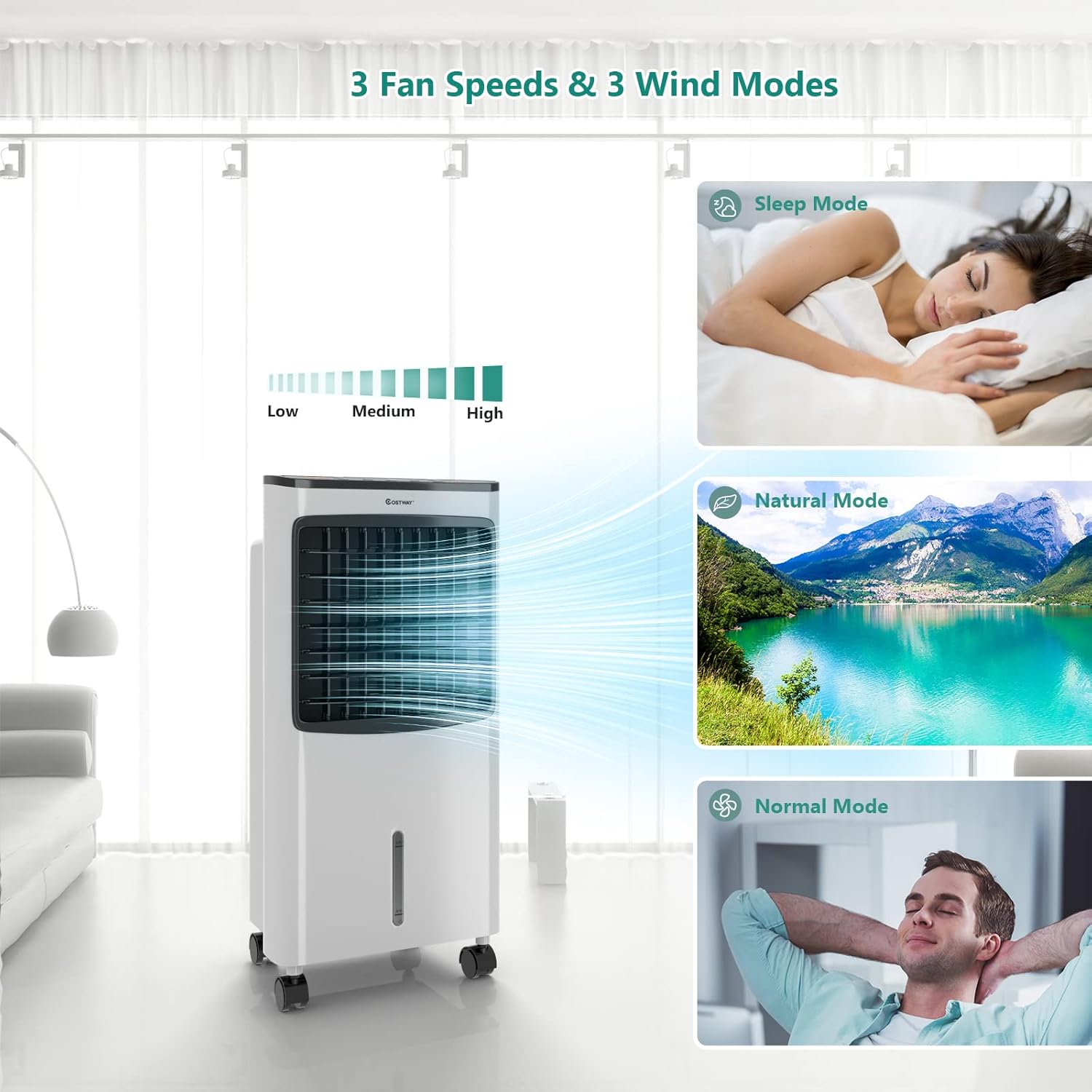 COSTWAY Evaporative Cooler, 3-in-1 Air Cooler with Remote Control, 3-Mode, 3-Speed and 7.5H Timer Function, Include Ice Boxes, Water Tank and Casters, Portable Air Conditioner for Room Home Office