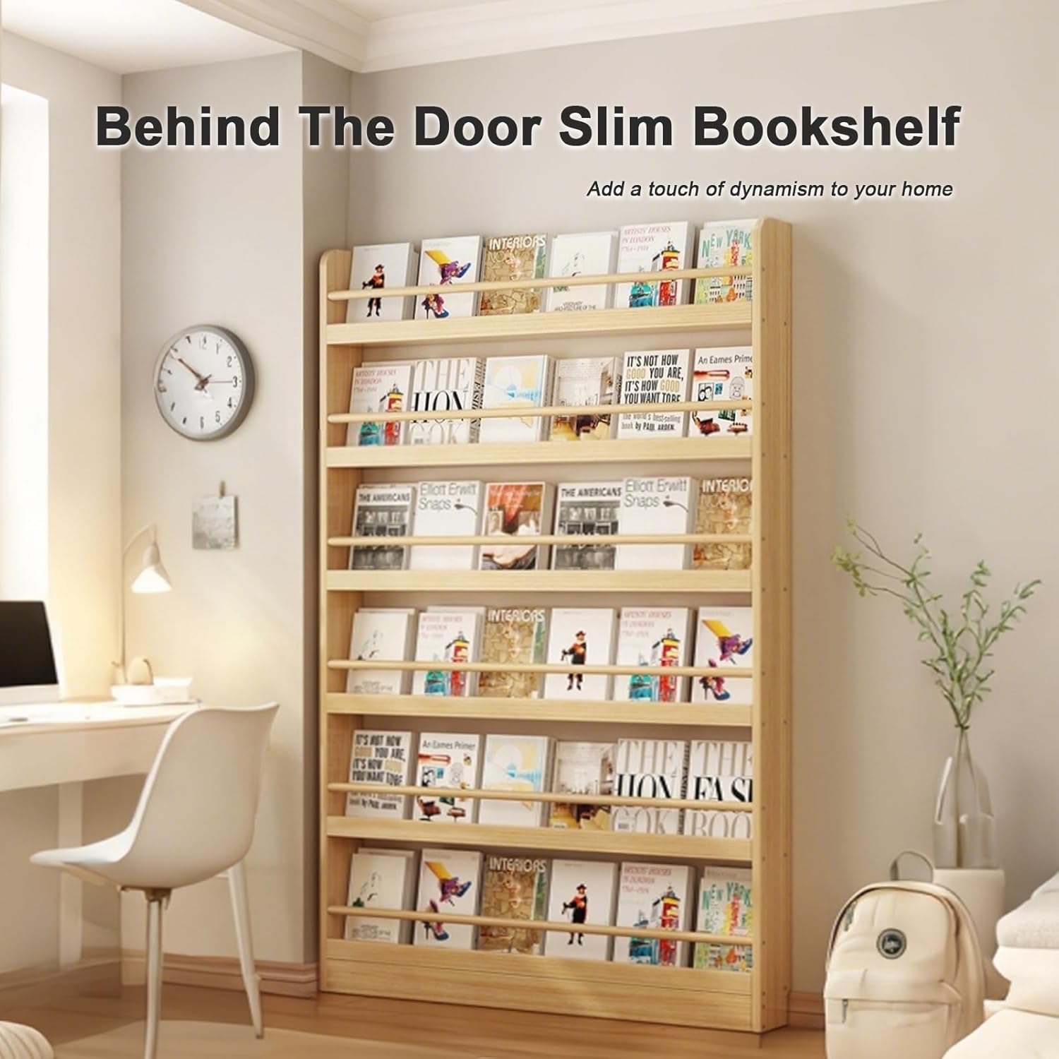 Behind The Door Bookshelf, 3-6 Tier Wooden Bookcases, Open Display Storage, Space-Saving, Wall Mount Shelf, for Books in Bedroom, Living Room 4F 100cm