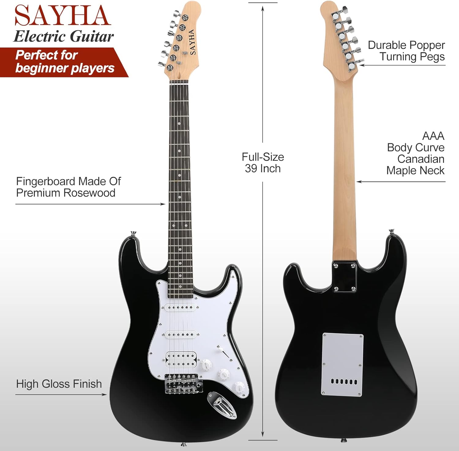 SAYHA Electric Guitar, 39 Inch Solid Full-size Electric Guitar HSS Pickups Starter Kit Includes Amplifier, Bag, Digital Tuner, Strap, String, Cable, Picks（Black）