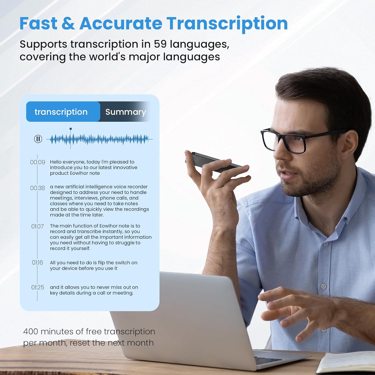 AI Voice Recorder, Transcribe & Summary Voice Recorder with Playback, Digital Voice Recorder Supporting Real-Time Translation in 59 Languages, Audio Recorder for Lectures, Meetings, 64GB Memory