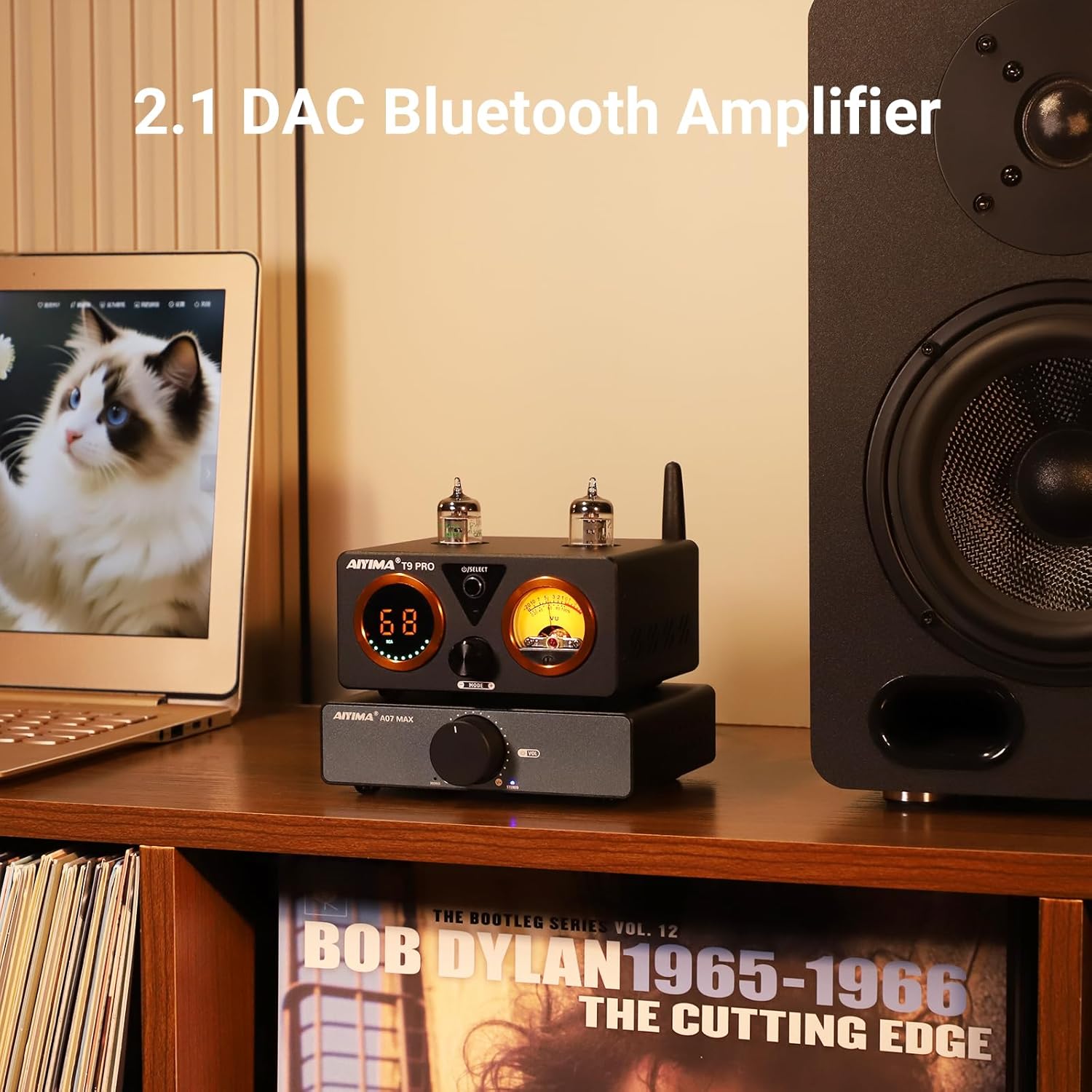 AIYIMA T9 PRO 200W Bluetooth Amplifier HiFi Digital Class D Power Amp 2.0/2.1 Channel Vacuum Tube DAC Amp with VU Meter & Bass Treble Bluetooth 5.2 Coaxial Optical PC-USB inputs (AIYIMA T9 PRO)