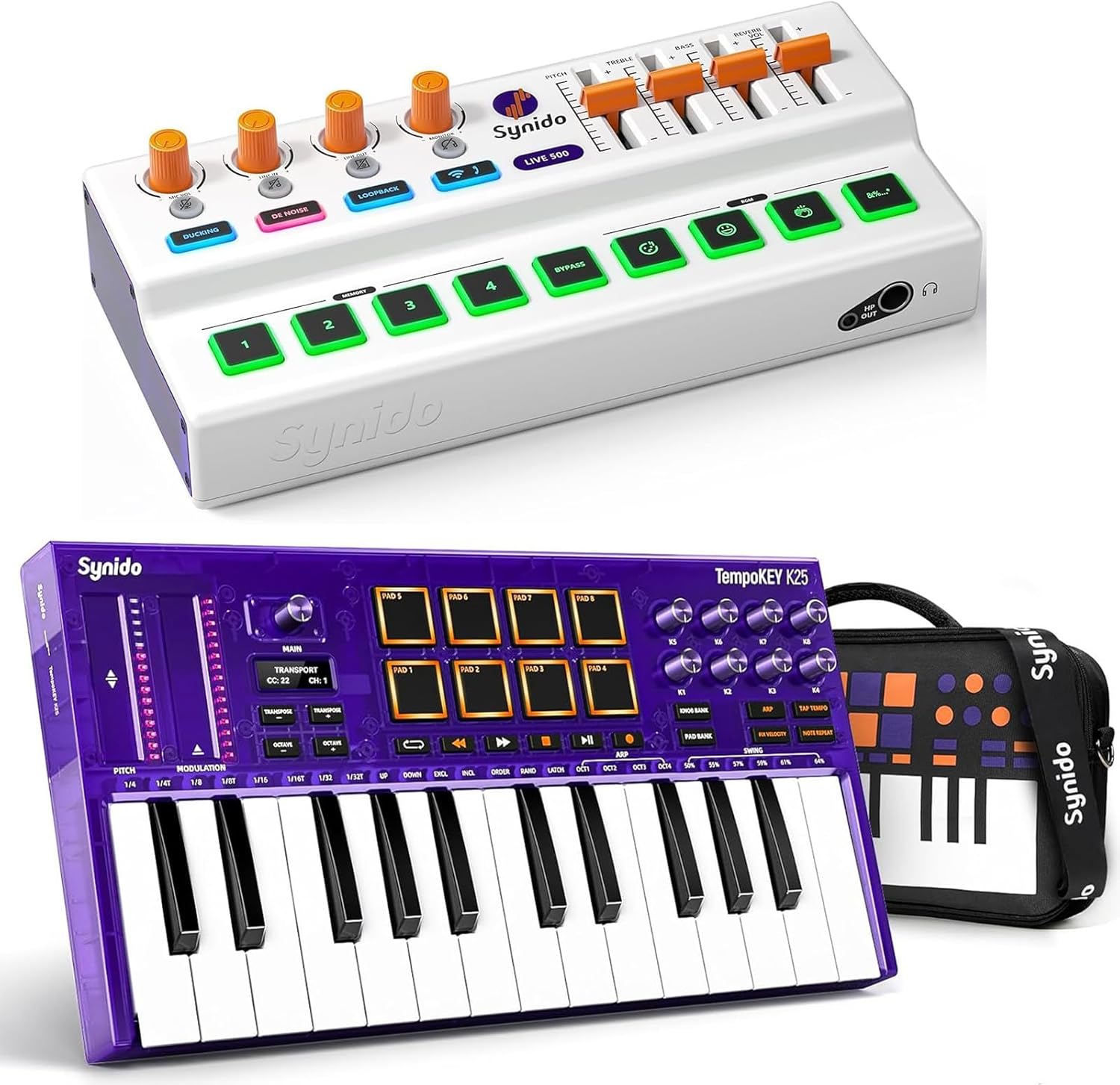 Synido Wireless Audio Interface Live Sound Card and 25 Key USB MIDI Keyboard Controller with Drum Pads