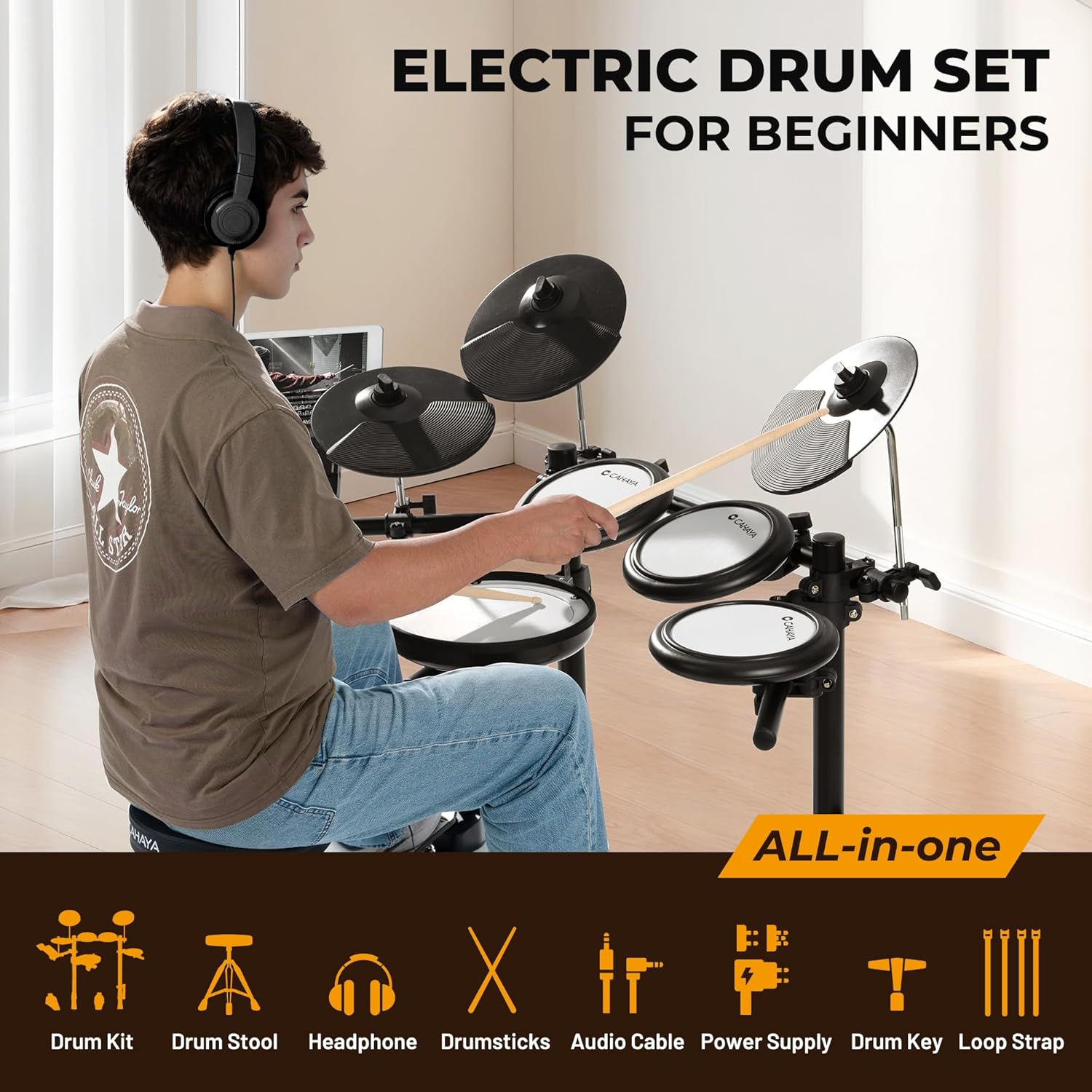 CAHAYA Electric Drum Set – Beginner Electronic Drum Kit for Kids & Adults, Portable Quiet Mesh Pads, 350 Sounds, 25 Kits, Headphones & Drum Throne, Ideal Xmas Gift