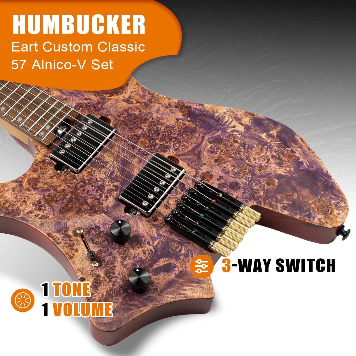 EART GW2L Headless Electric Guitar - Roasted Padauk/Poplar Burl Solid-Body, Compound Radius Neck, Custom Alnico-V Pickups, Headless Bridge System - Left Hand