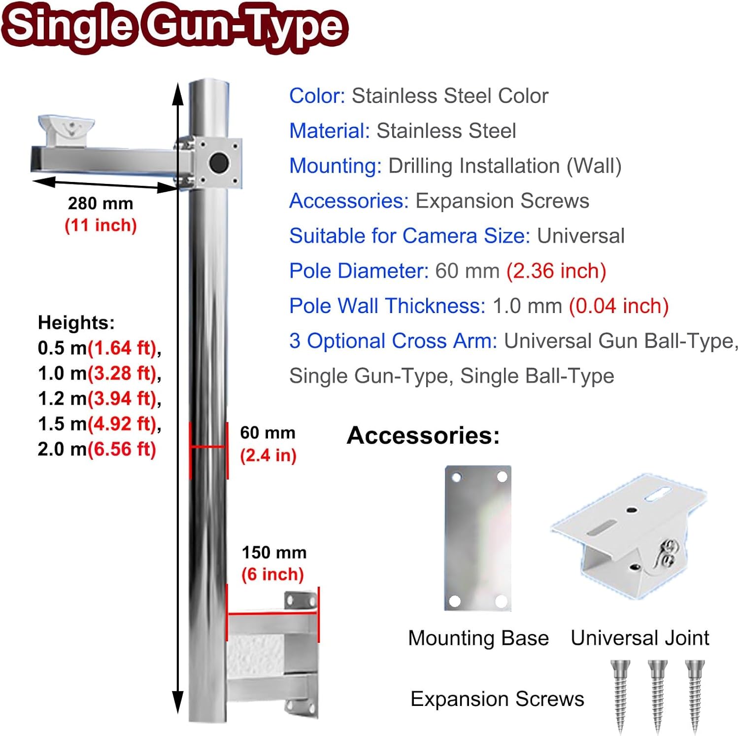 Gun/Dome Surveillance Camera Bracket for Corner, Stainless Steel Pole for Security Cameras Wall Mount, L-Shape Vertical CCTV Pole Universal(Single Gun,1.2 m(3.94 ft))