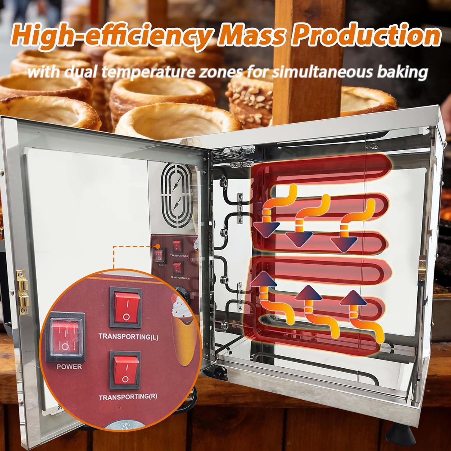 110V 3200W Electric Ice Cream Cone Maker, 60-80 pcs/h Production, Stainless Steel Chimney Cake Machine, 8-Station Baking Oven with 16pcs Roller for Chimney Cake and Bread Rolls