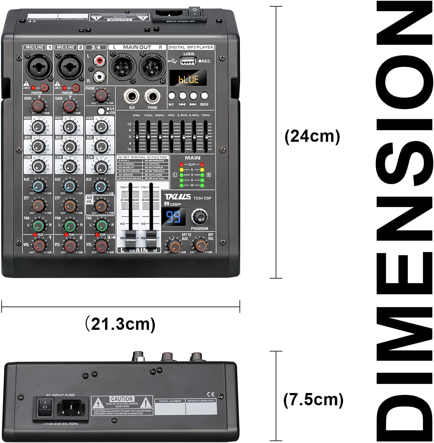 Audio Mixer, 4 Channel Sound Board Mixing Console with 99-Bit DSP, 7-Band Eq Output, Digital MP3 Computer Input, Professional DJ Mixer Board with 48V Phantom Power Stereofor Recording Live
