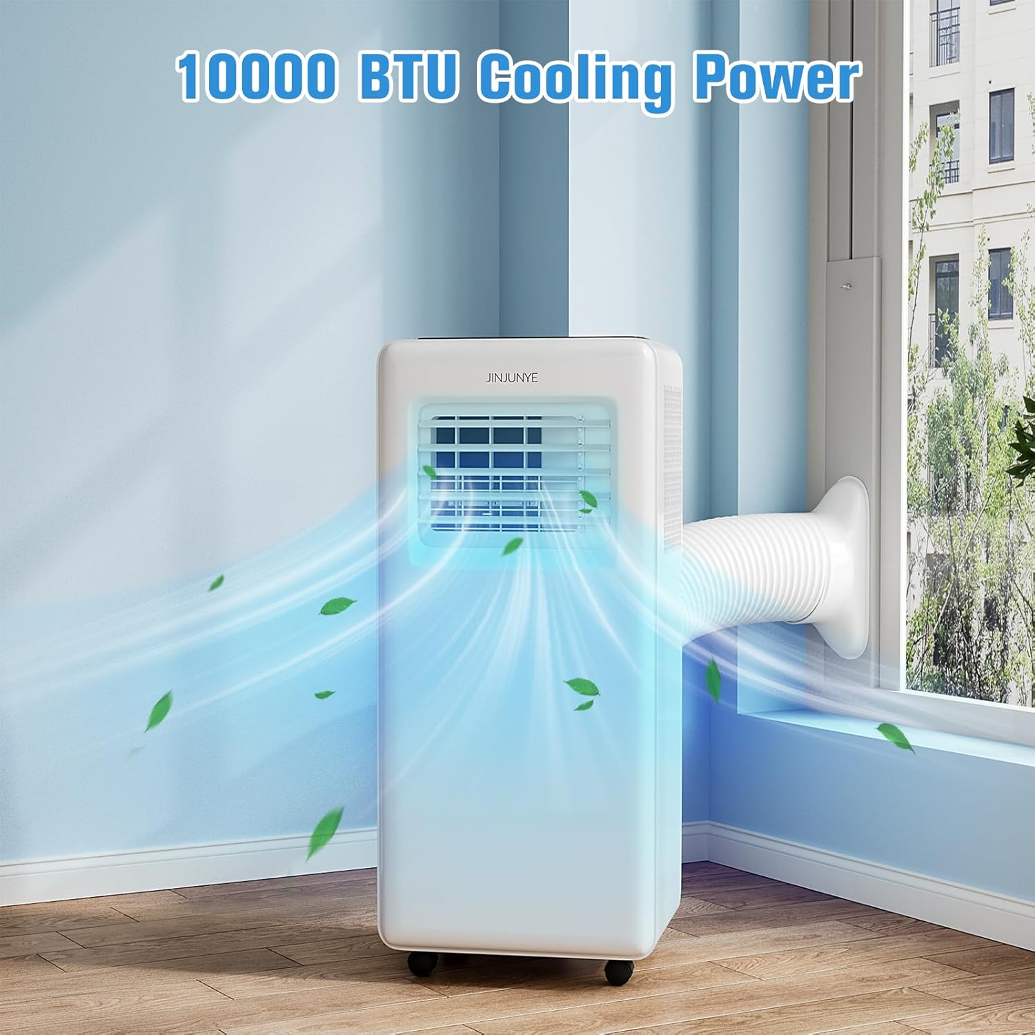 JINJUNYE Portable Air Conditioners 10,000 BTU 4-In-1 with 7 Color LED Light, Portable AC Unit Dry, Fan, Sleep Mode, Cool Up to 450 Sq.Ft, 24H Timer, Window Kit (Battery not Included)