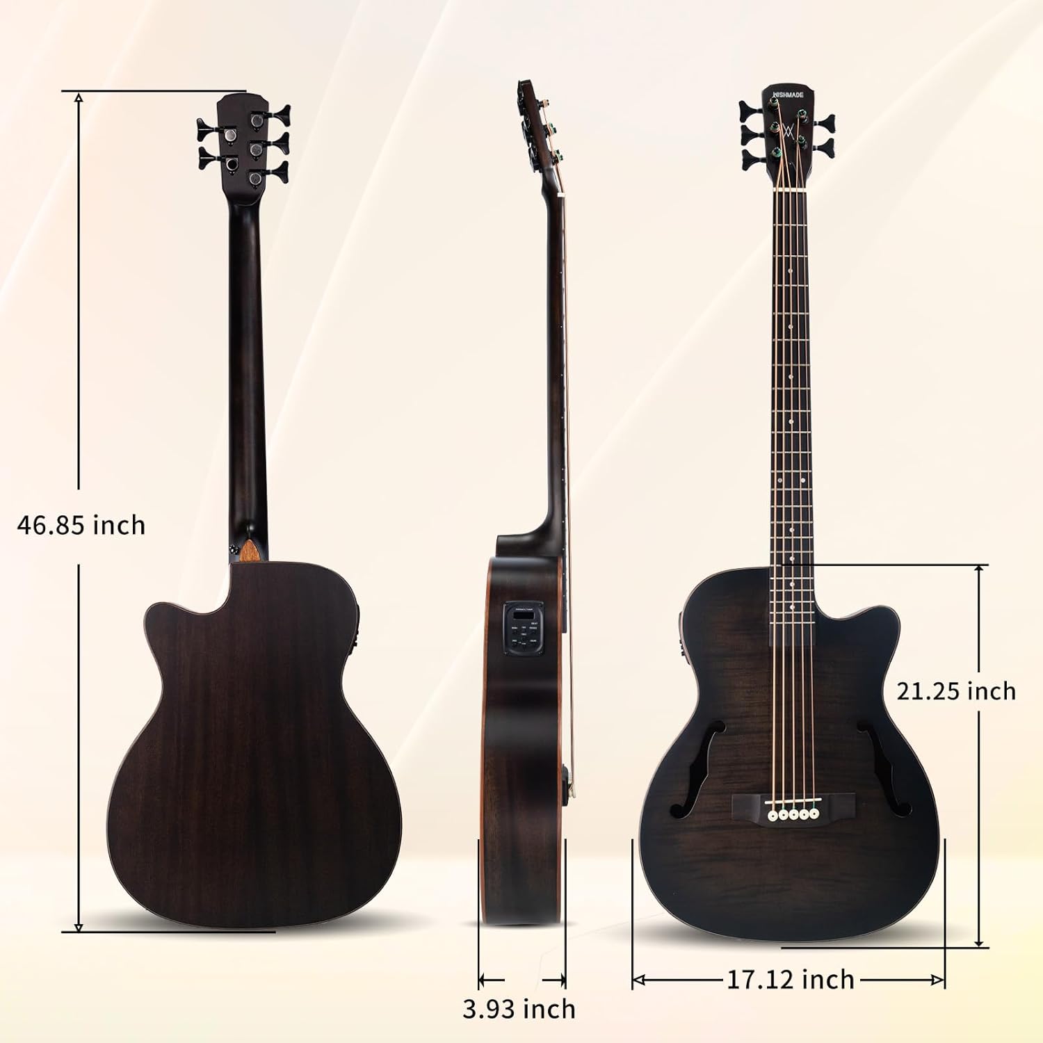 WISHMADE Acoustic Bass Guitar with F-Holes | 5 String Bass Guitar for beginners adults, Flamed Maple Top With Gig Bag-BK