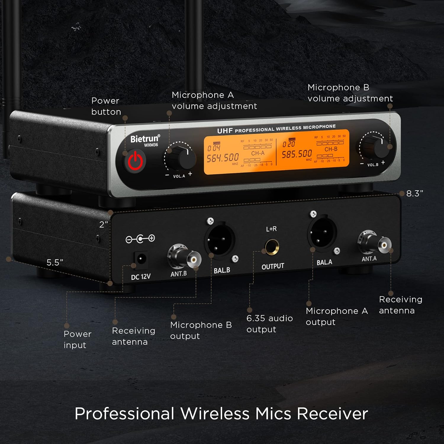 Bietrun Wireless XLR Microphone System, 165 ft Range, Professional UHF Dual Metal Cordless Dynamic Handheld Microphone with XLR Cable for Audio Mixer, Amplifier, Karaoke, Church, Speech, Wedding