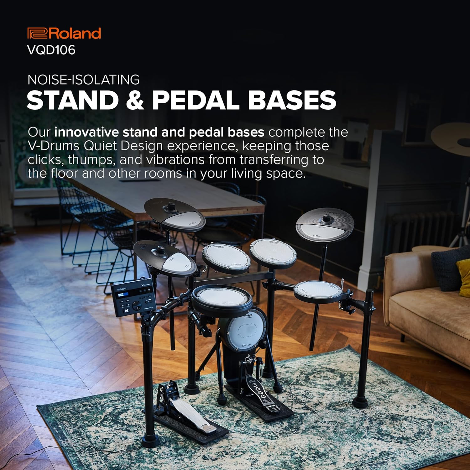 Roland VQD106 V-Drums | Revolutionary 5-Piece Electronic Quiet Design Drum Kit | Perfect for Home Practice | Up To 75% Noise Reduced Pads | TD-07 Sound Module | Bluetooth Connectivity