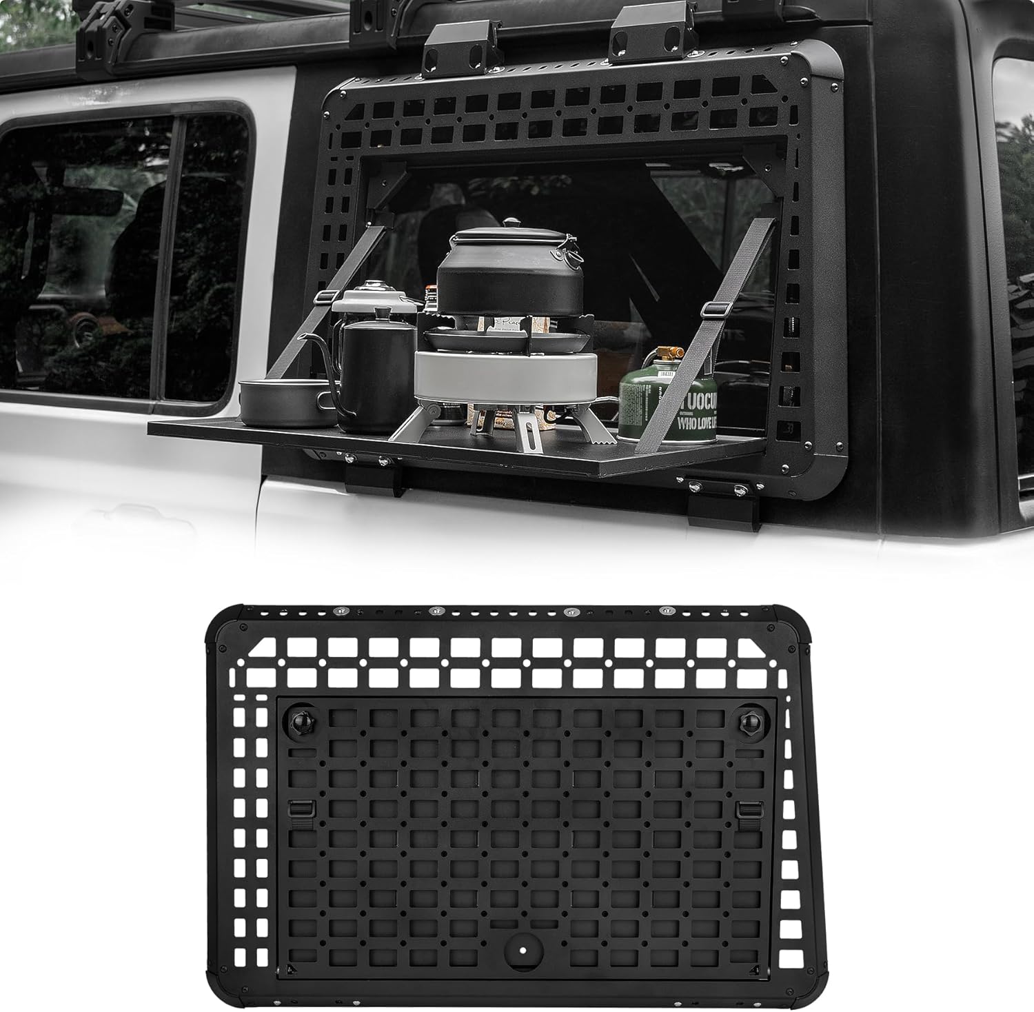 Rear Window Molle Panel with Fold-Down Table - Tactical Modular Rear Window Storage Panels for 2018-2025 Jeep Wrangler JL Off Road Camping Accessories (Driver Side)