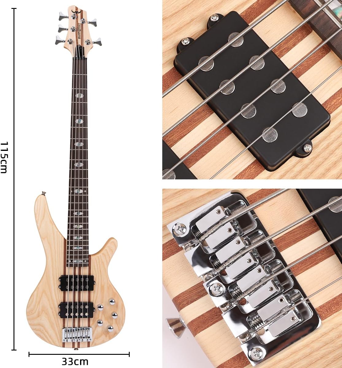 Bullfighter Elem Electric Bass Guitar Through Body 4/5 Strings Full Size P Bass Beginner Kit Black for Starter with Gig Bag, Guitar Strap, and Bass Guitar Cable DBS Series (wood-4string)