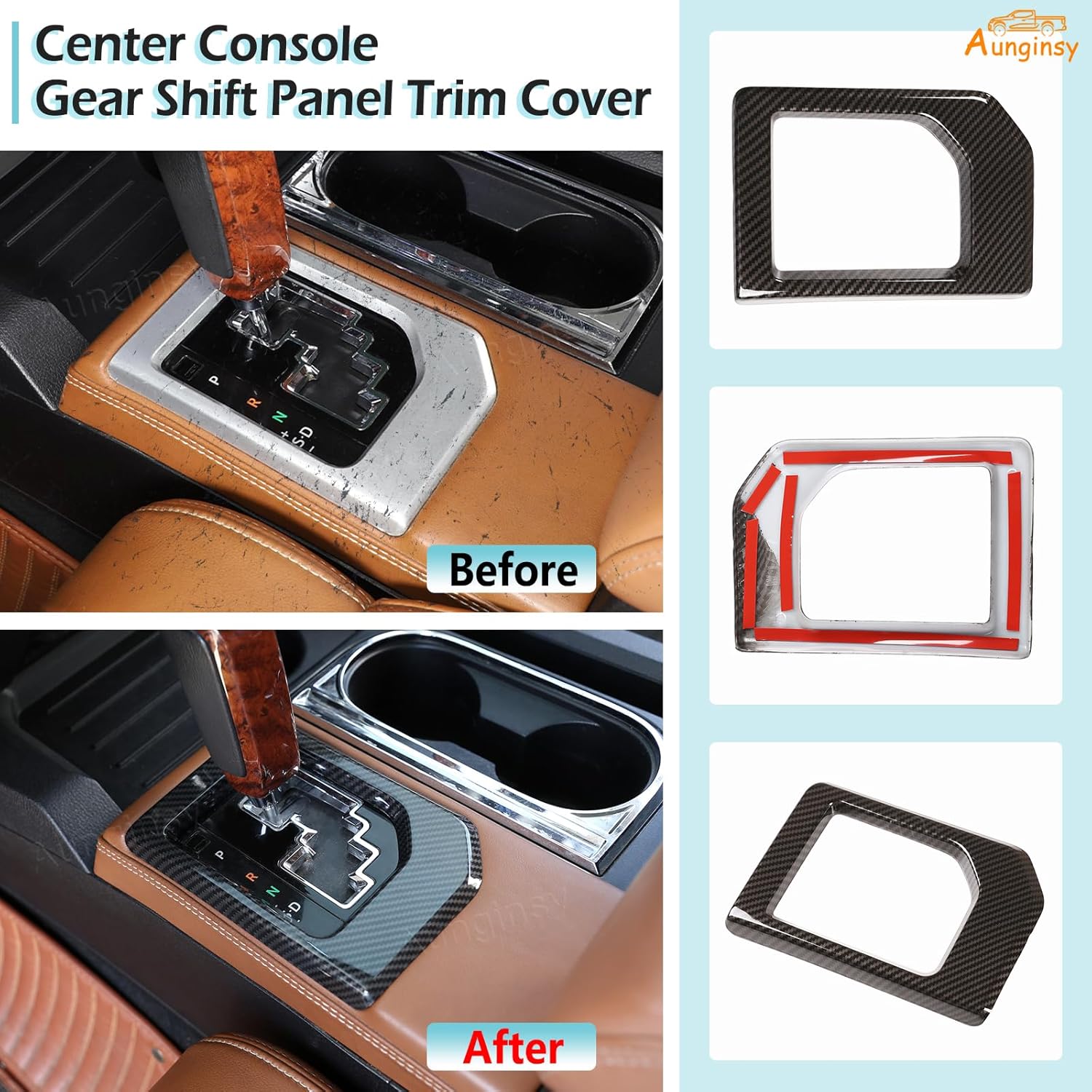 Aunginsy Cup Holder, Gear Shifter & Shift Gate Track Trim Rings Compatible with Toyota Tundra 2014-2021, 3PCS Car Central Control Gear Shift Box Decoration Frame Kit Protection Cover ABS Accessories