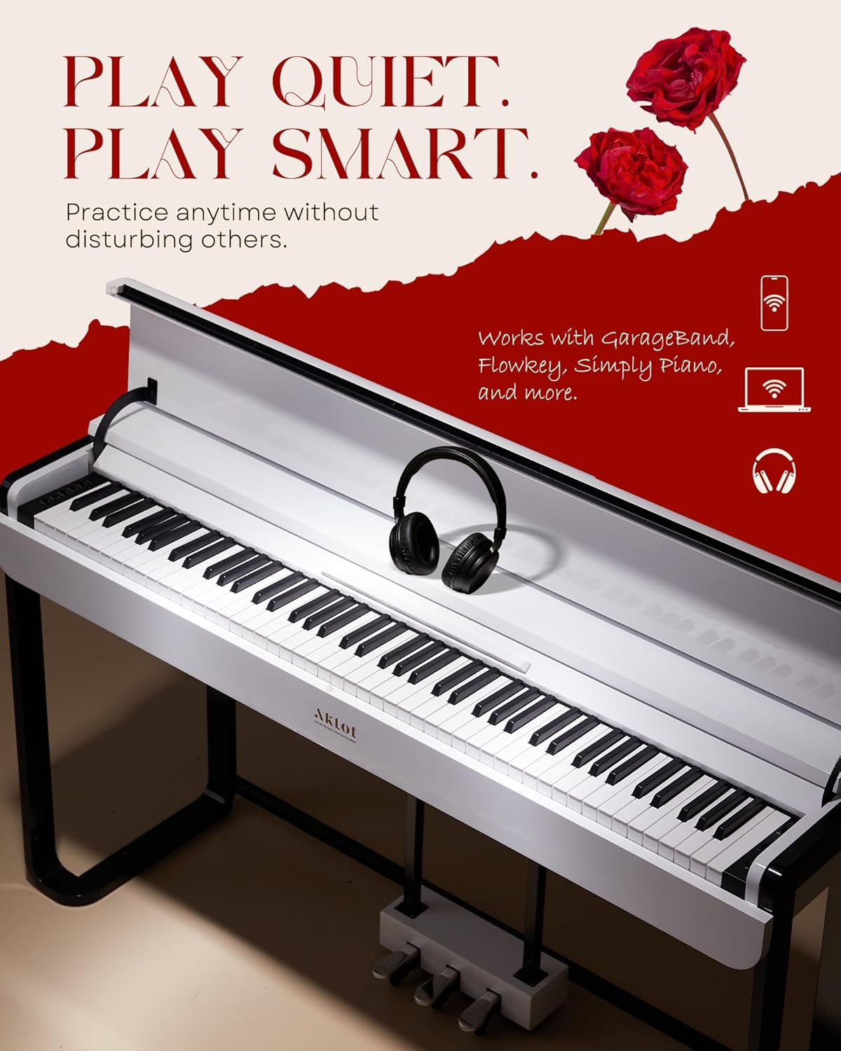 AKLOT Modern Weighted Keyboard Piano: 88-Key Graded Hammer Action Digital Piano, ​Silent Soft-Fall Cover, Triple Pedal, MIDI, Headphone, Beginner Lesson Book, High-Gloss Pearl White Finish (AUR-LS03)