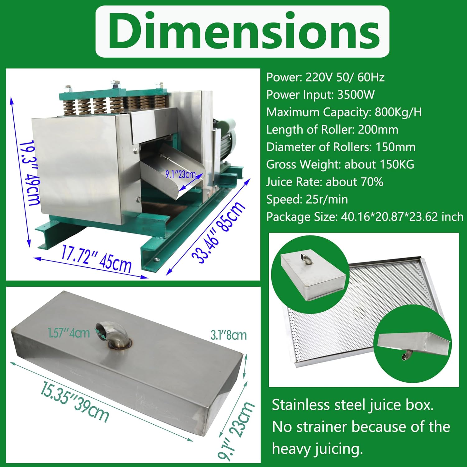 Commercial Electric Sugarcane Juicer 3-Roller Industrial Sugar Cane Press Machine 1760LBS/H High Output 220V Horizontal Stainless Steel Cane Juice Extractor Squeezer Auto Gap Adjustment