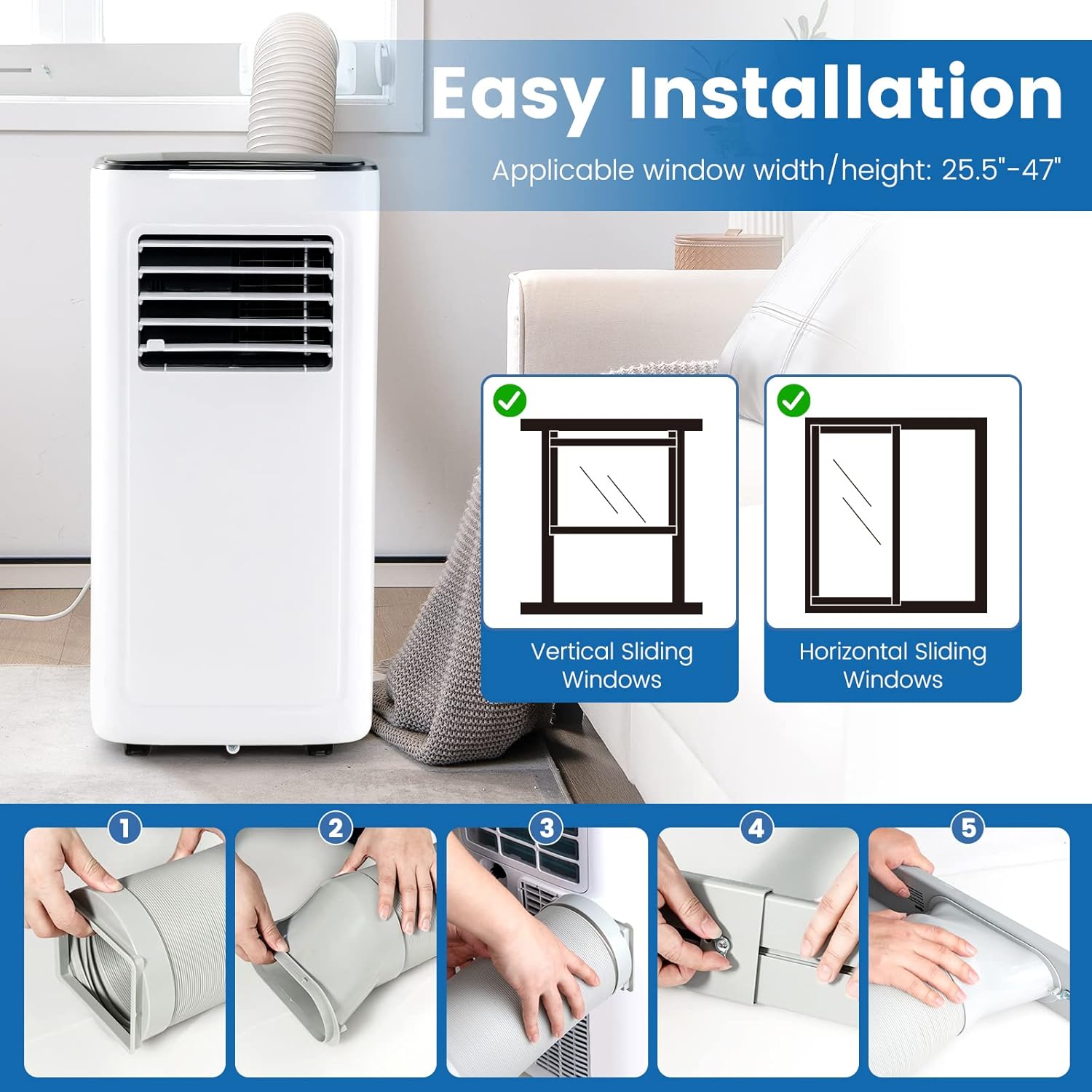 PETSITE 9000 BTU Portable Air Conditioner, 3-in-1 AC Cooling Unit with Remote Control, Dehumidifier, 24H Timer, Stand up Air Conditioner Cools Rooms up to 280 Sq.Ft, Window Kit Included