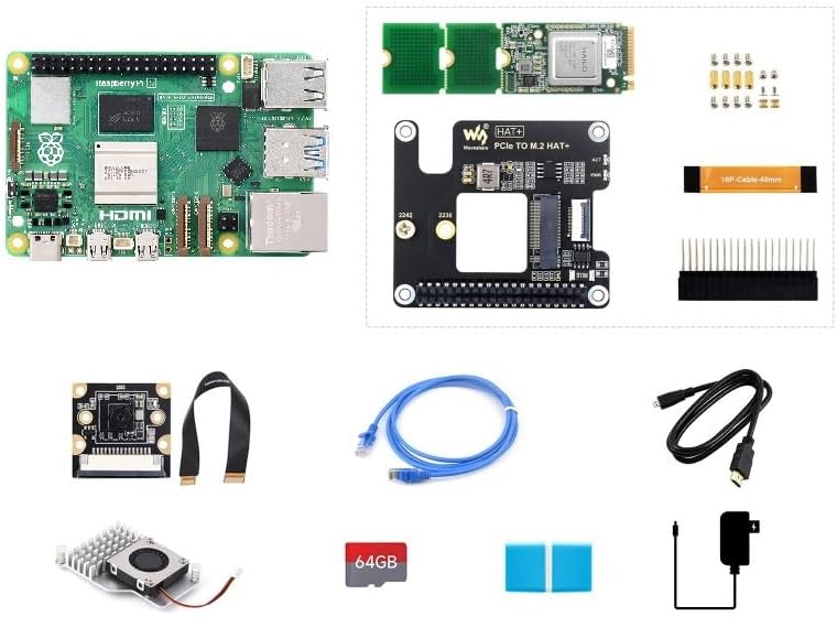 Raspb Pi 5 AI Kit, Including PI5-8GB Board, Hailo-8 M.2 AI Accelerator Module, PCIe to M.2 HAT+, PI5-IMX219-77 Camera, 64GB TF Card, Pi5 Cooler, Cables and Other Accessories Items (PI5-8GB AI Kit B)