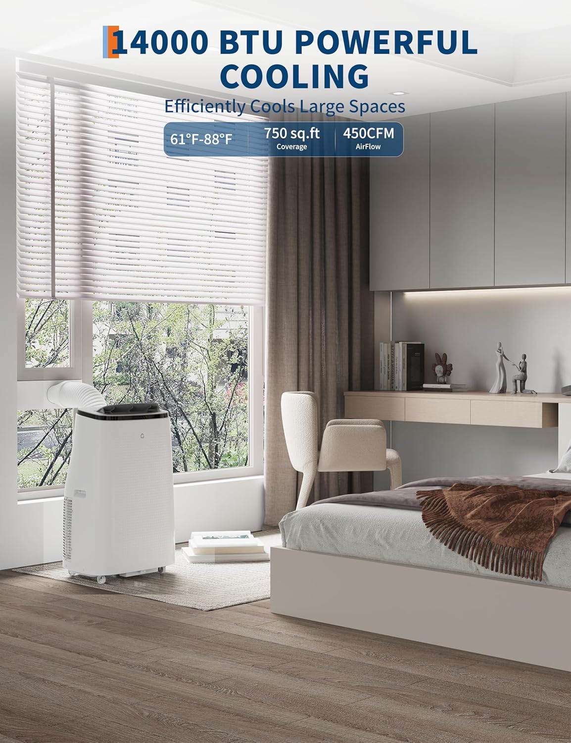 14000 BTU Energy-Efficient Portable Air Conditioner | 3 in-1 Cooling AC with Sleep Mode & Eco-Saving Design | Ventless Floor Unit w/ 3 Speeds Fan, Dehumidifier & Quiet Operation