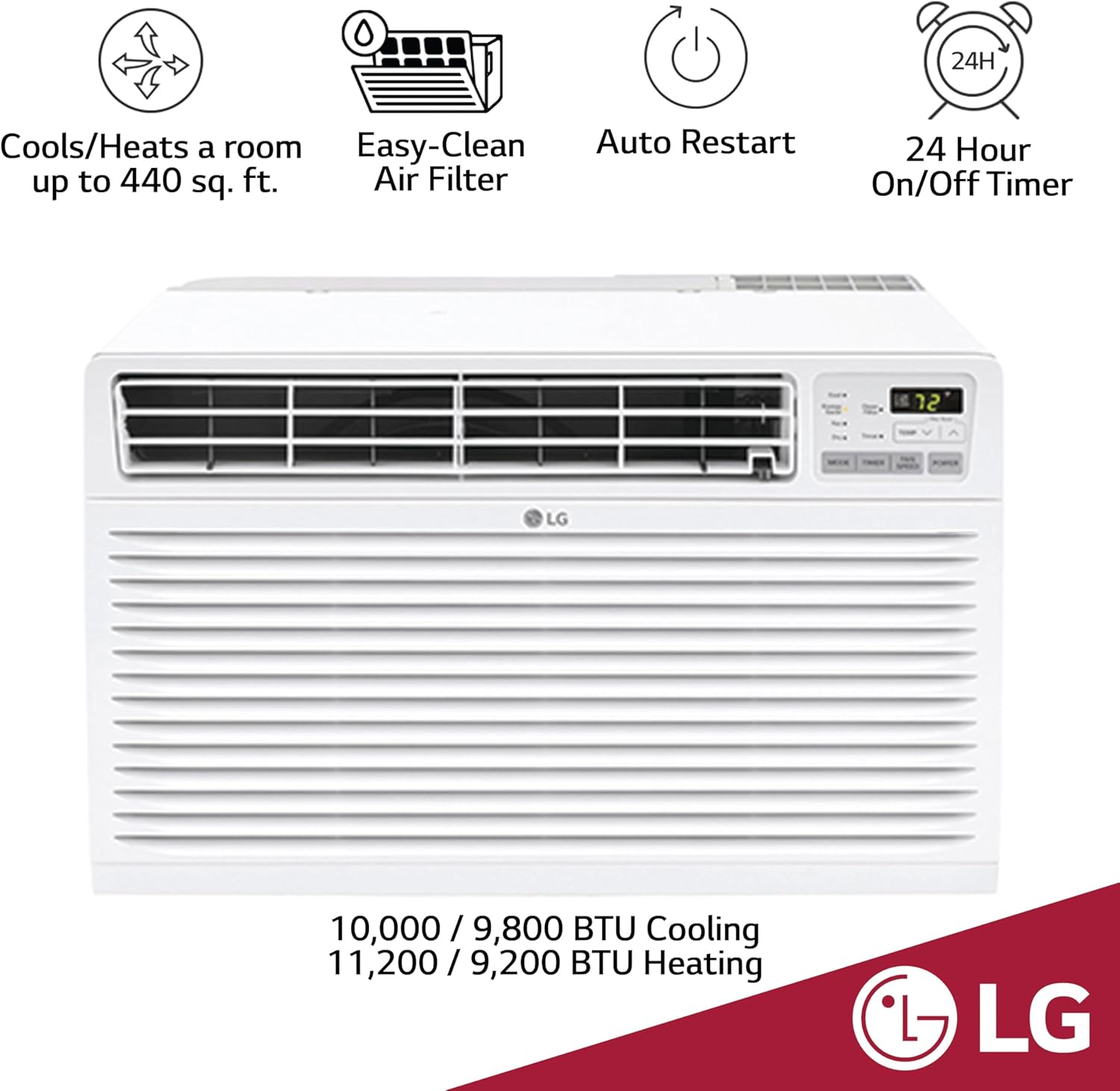 LG 9,800 BTU Through-the-Wall Air Conditioner, Cools 450 Sq.Ft. (18' x 25' Room Size), Electronic Control with Remote, 2 Cooling & Fan Speeds, 4-Way Air Deflection, Supplemental Heat, 230/208V