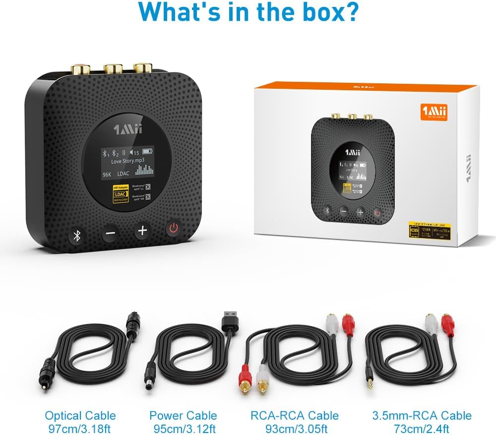 1Mii B06HD+ Hi-Res Bluetooth 5.1 Music Receiver for Home Stereo w/LDAC, Hi-Fi Bluetooth Adapter w/Audiophile DAC aptX HD Volume Control OLED Display, Wireless Audio Adapter for AV Receiver/Amplifier